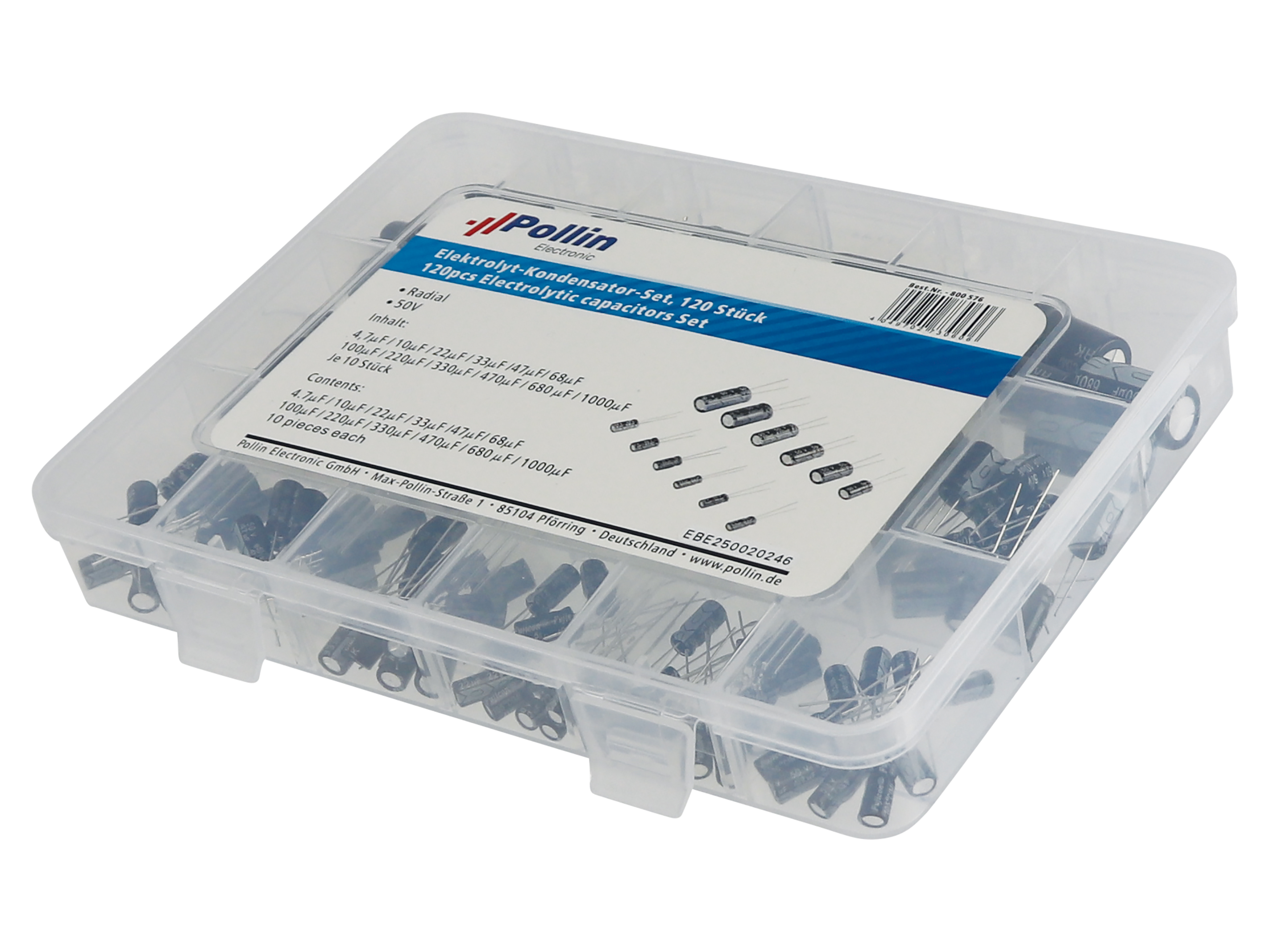 Sortiment Elektrolyt-Kondensatoren, 50 V DC, 120 teilig, 12 Werte, je 10 Stk.