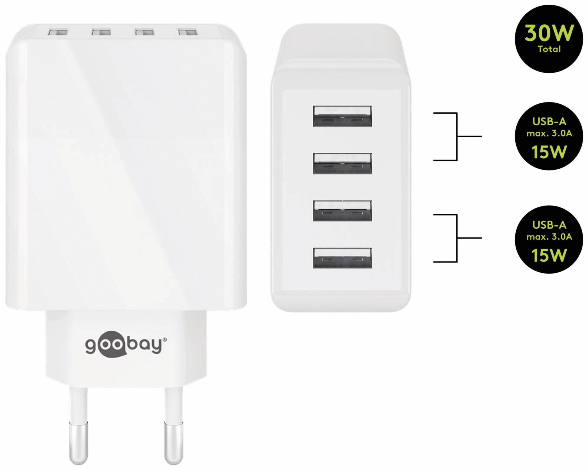 GOOBAY USB-Lader 44962, 4-fach, 3 A, 30 W, weiß