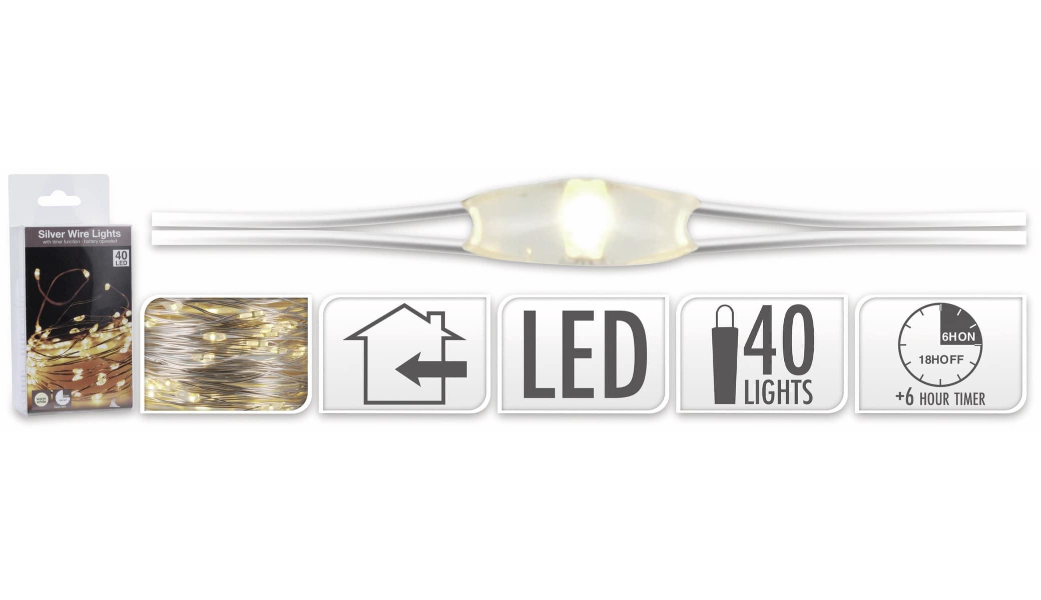 LED-Lichterkette, Silberdraht, 40 LEDs, warmweiß, Batteriebetrieb, Timer LED-Lichterkette, Silberdraht, 40 LEDs, warmweiß, Batteriebetrieb, Timer