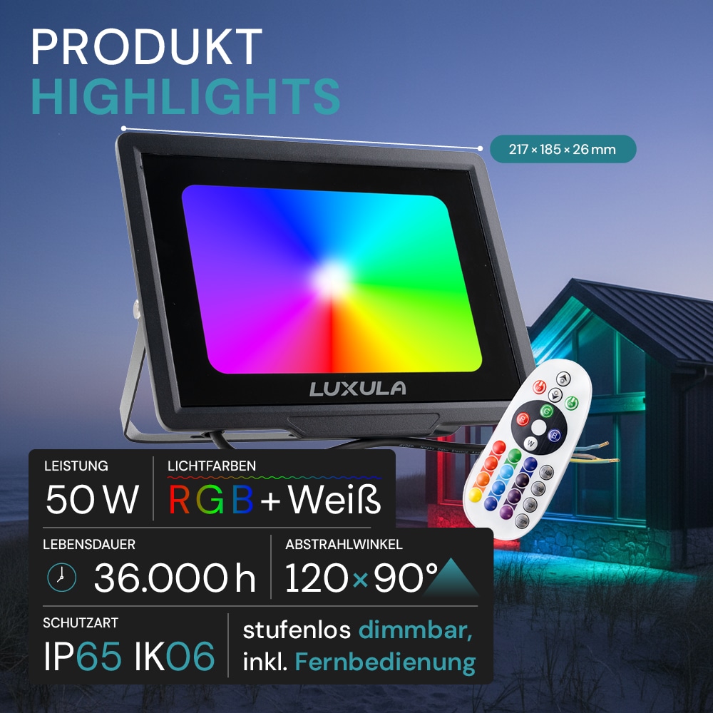 LUXULA RGB LED-Fluter LX400183, 50W, IP65, schwarz, mit Fernbedienung LUXULA RGB LED-Fluter LX400183, 50W, IP65, schwarz, mit Fernbedienung