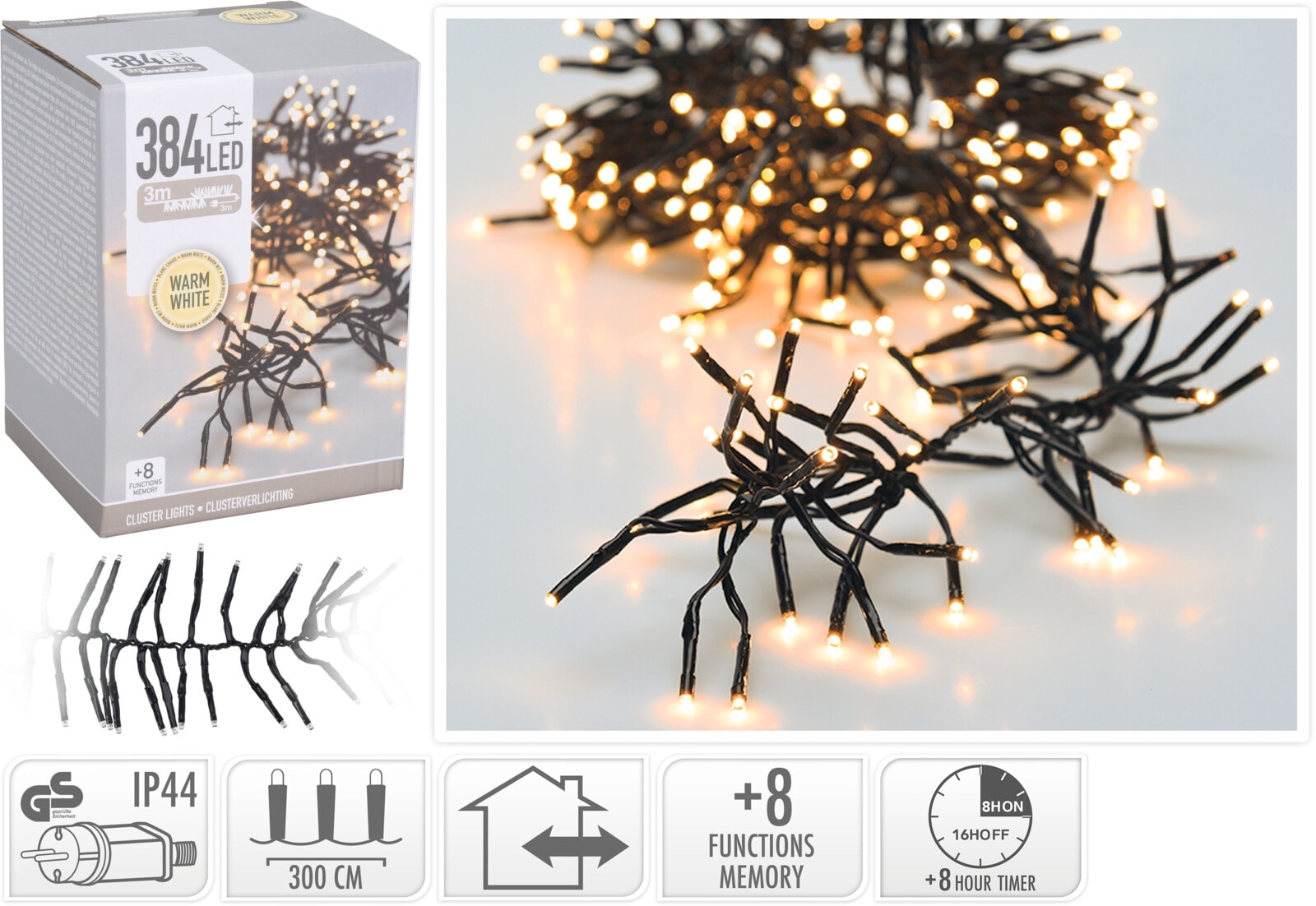 LED-Clusterlichterkette Büschel warmweiß, 384 LEDs, sw Kabel, Innen/Außen, 6m KOOPMAN LED-Clusterlichterkette Büschel warmweiß, 384 LEDs, sw Kabel, Innen/Außen, 6m