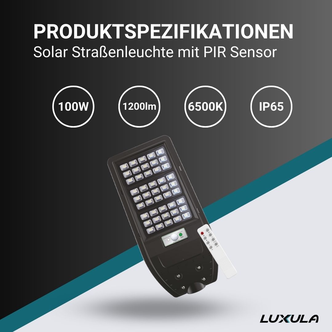 LUXULA Solar LED-Straßenleuchte, 100 W, 1200 lm, 6500 K, mit PIR Sensor LUXULA Solar LED-Straßenleuchte, 100 W, 1200 lm, 6500 K, mit PIR Sensor