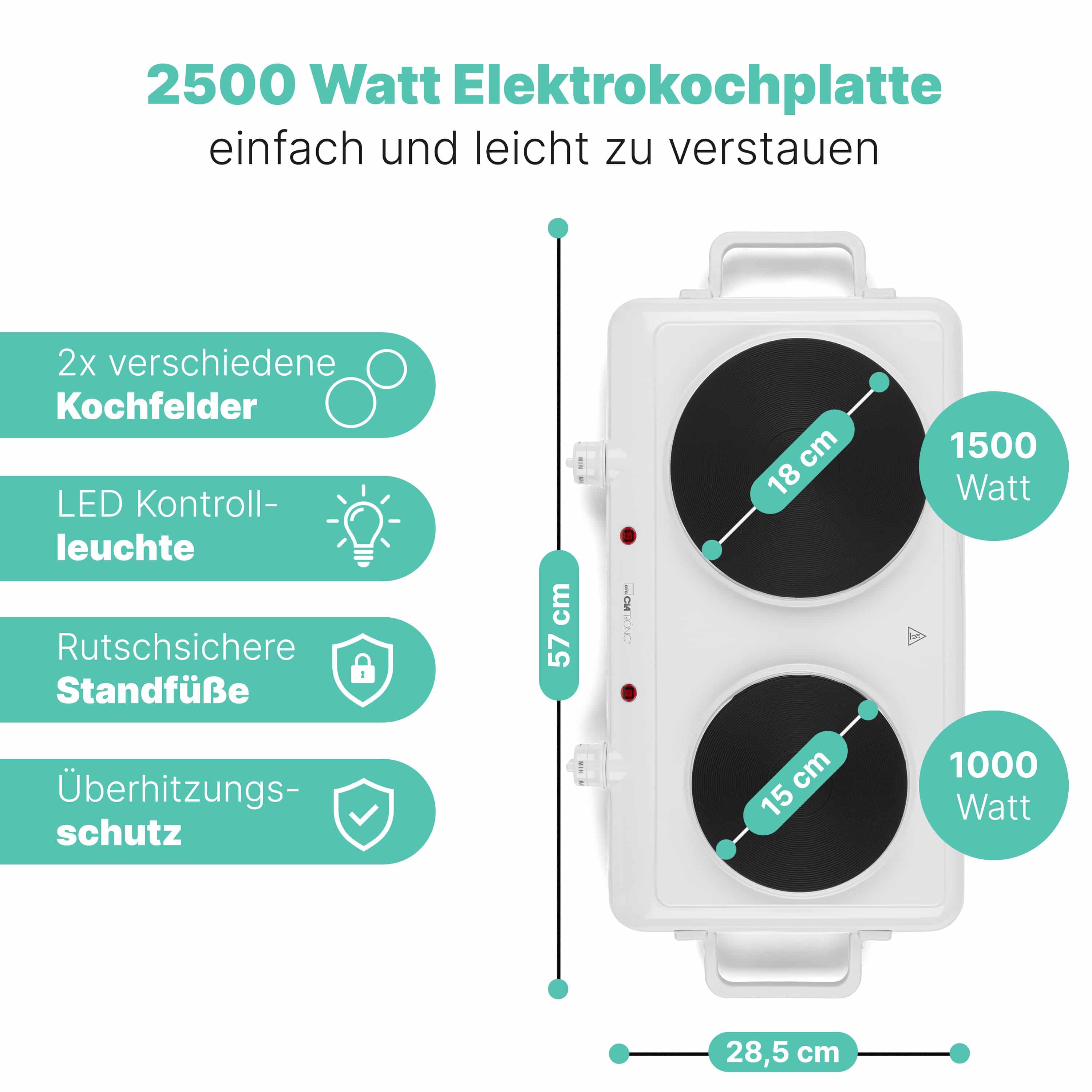 CLATRONIC Doppelkochplatte DKP 3583, 1x Ø180mm, 1500W, 1x Ø150mm, 1000W, weiß CLATRONIC Doppelkochplatte DKP 3583, 1x Ø180mm, 1500W, 1x Ø150mm, 1000W, weiß