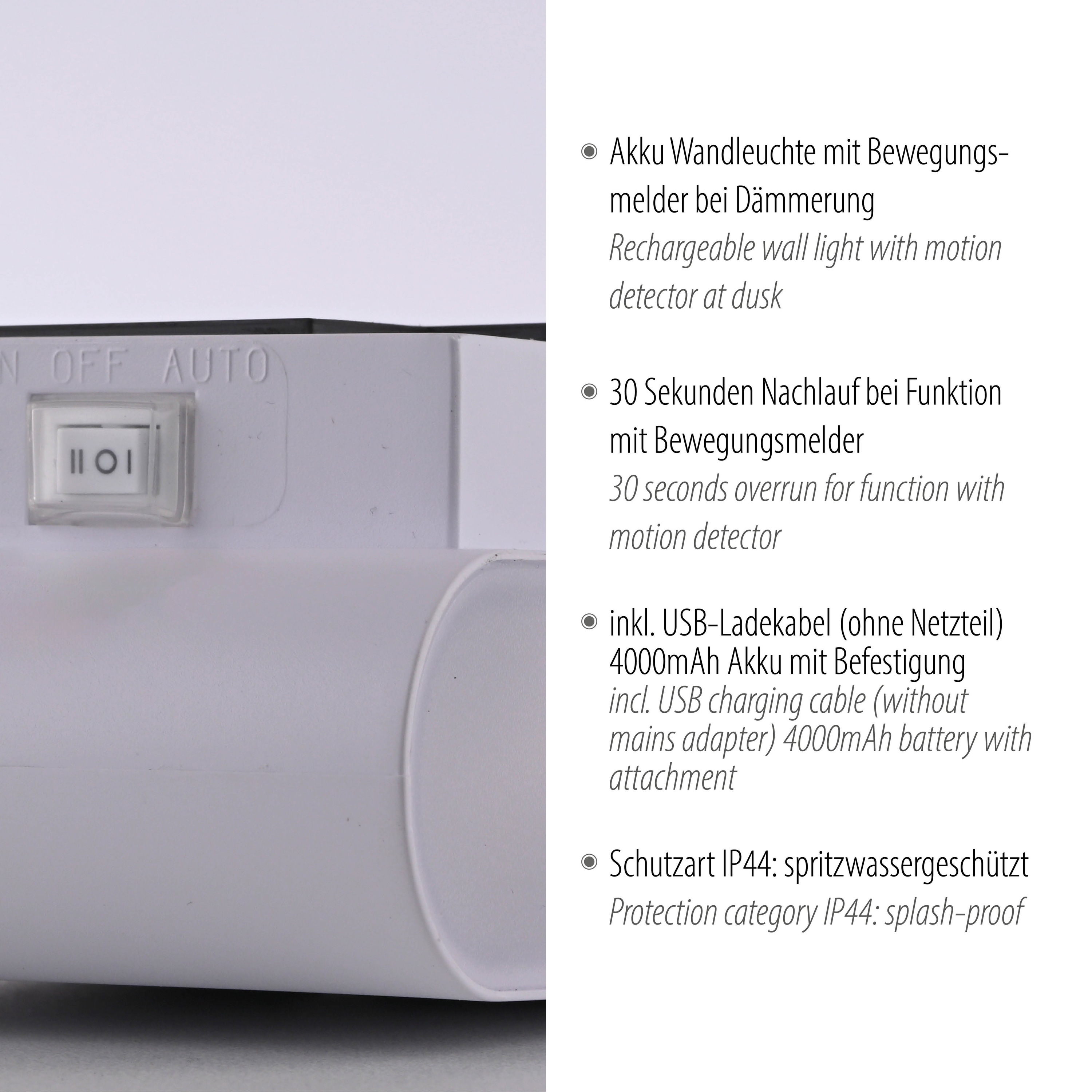 JUST LIGHT LED-Akku-Wandleuchte 19475-16, 3W, 3000K, 300lm, warmweiß, IP44, weiß