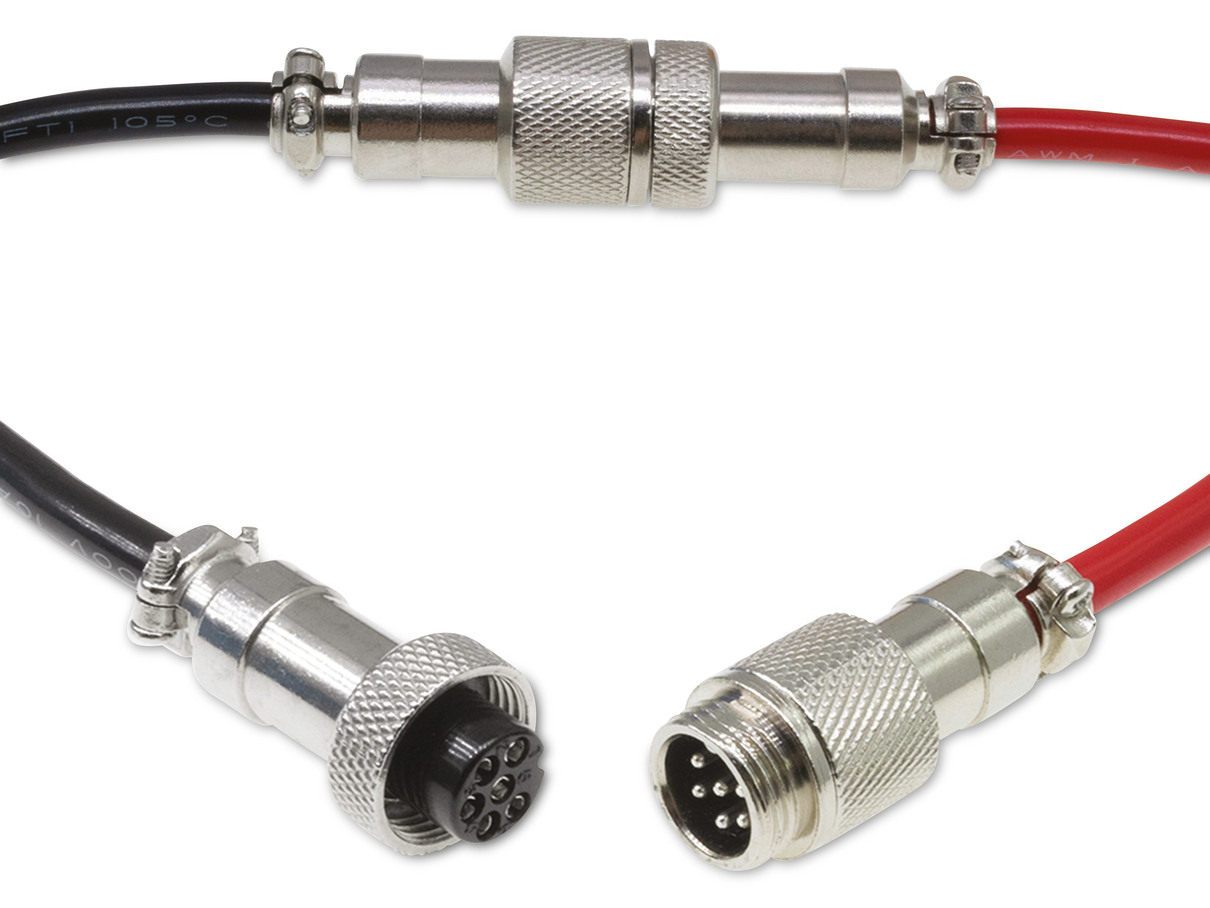Rundsteckverbinder, 6-polig, 48V, 1A, Lötanschluss, IP55, wire to wire, 1 Stecker + 1 Buchse Rundsteckverbinder, 6-polig, 48V, 1A, Lötanschluss, IP55, wire to wire, 1 Stecker + 1 Buchse