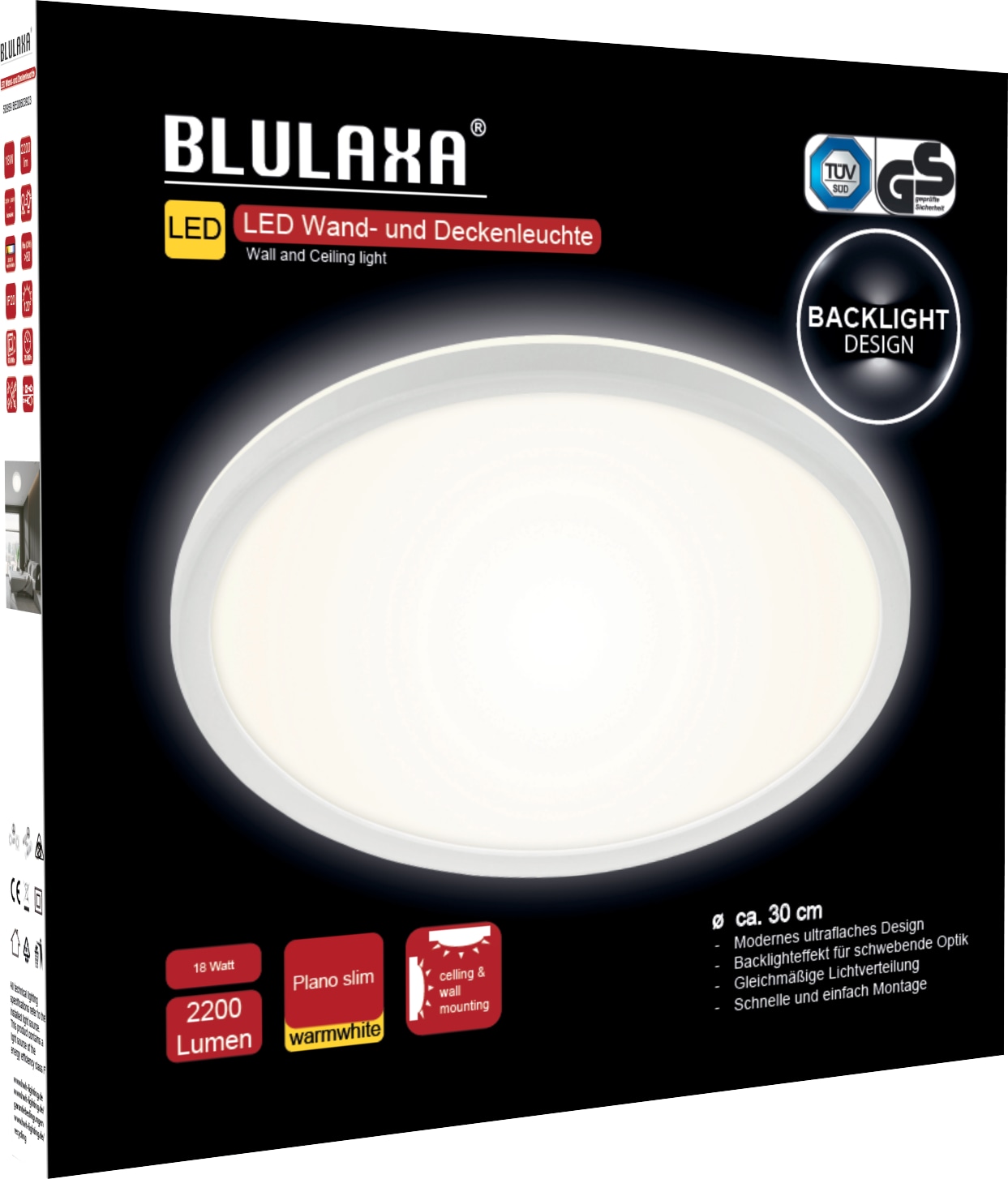 BLULAXA LED-Deckenleuchte, 18W, 3000K, 2200lm, warmweiß, IP20, weiß