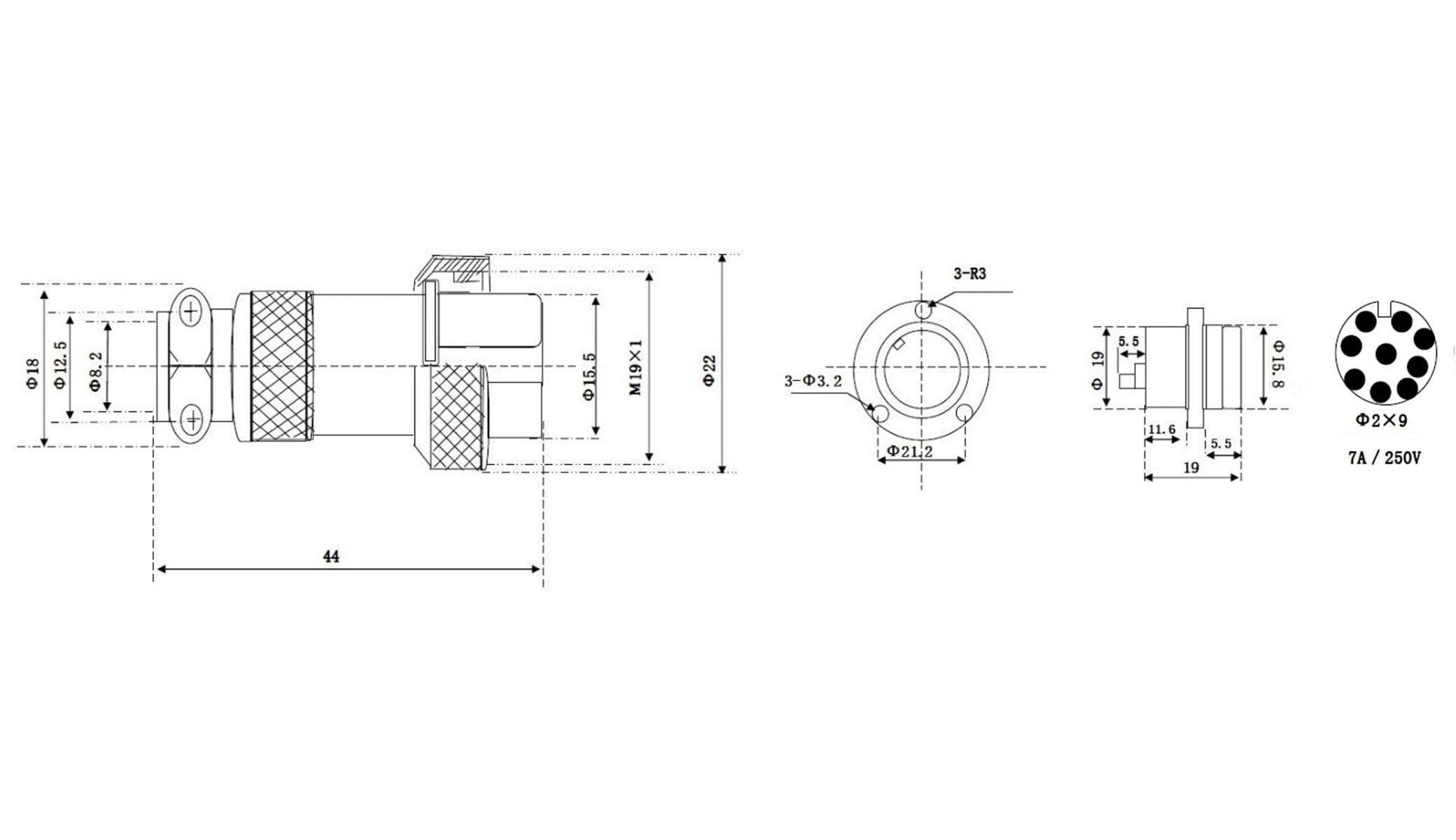 Hochstrom Einbaustecker-Set, 9-polig, Ø 19 mm, mit Abdeckkappe Hochstrom Einbaustecker-Set, 9-polig, Ø 19 mm, mit Abdeckkappe