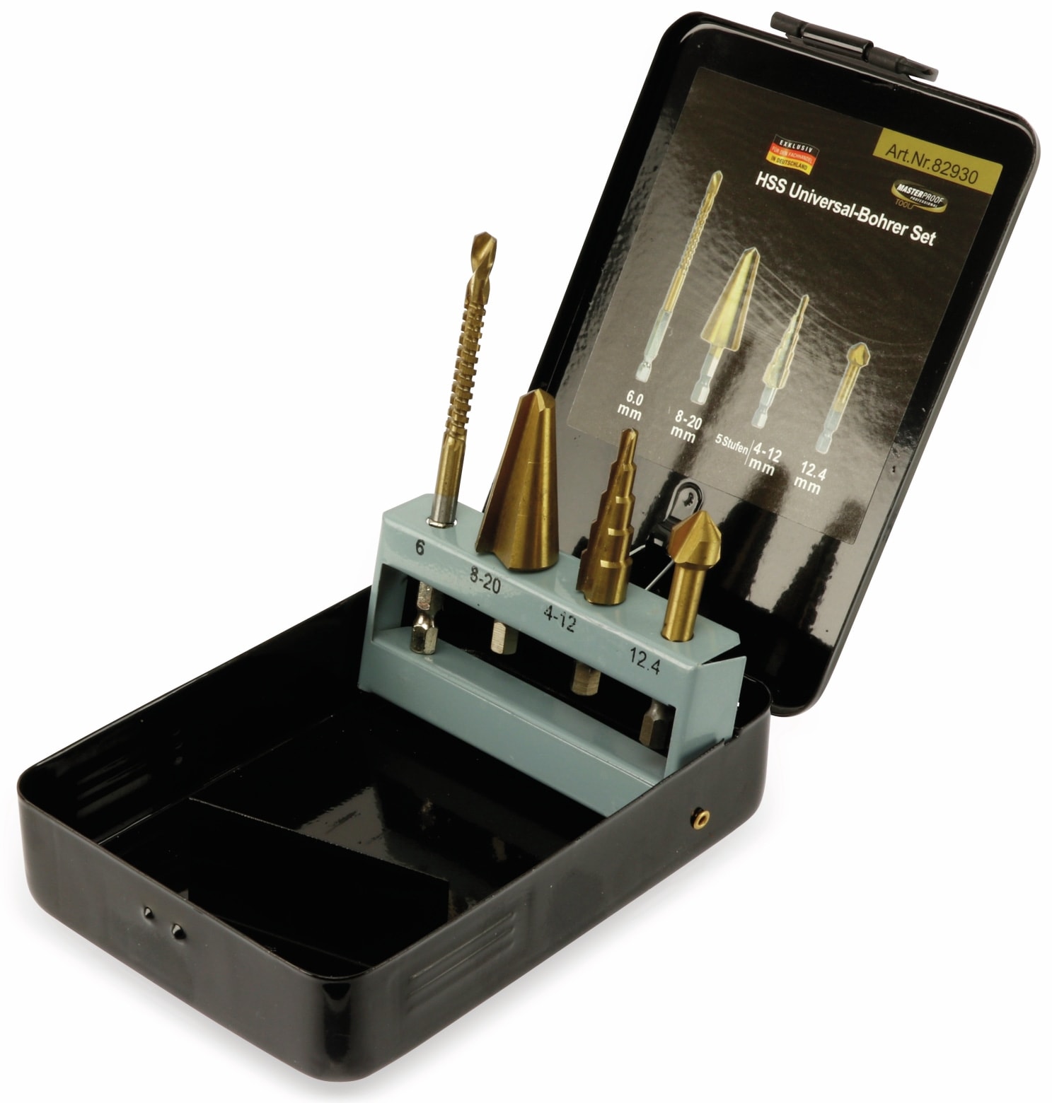 MASTERPROOF Multifunktions-Bohrer Satz 4 teilig, in Metallbox
