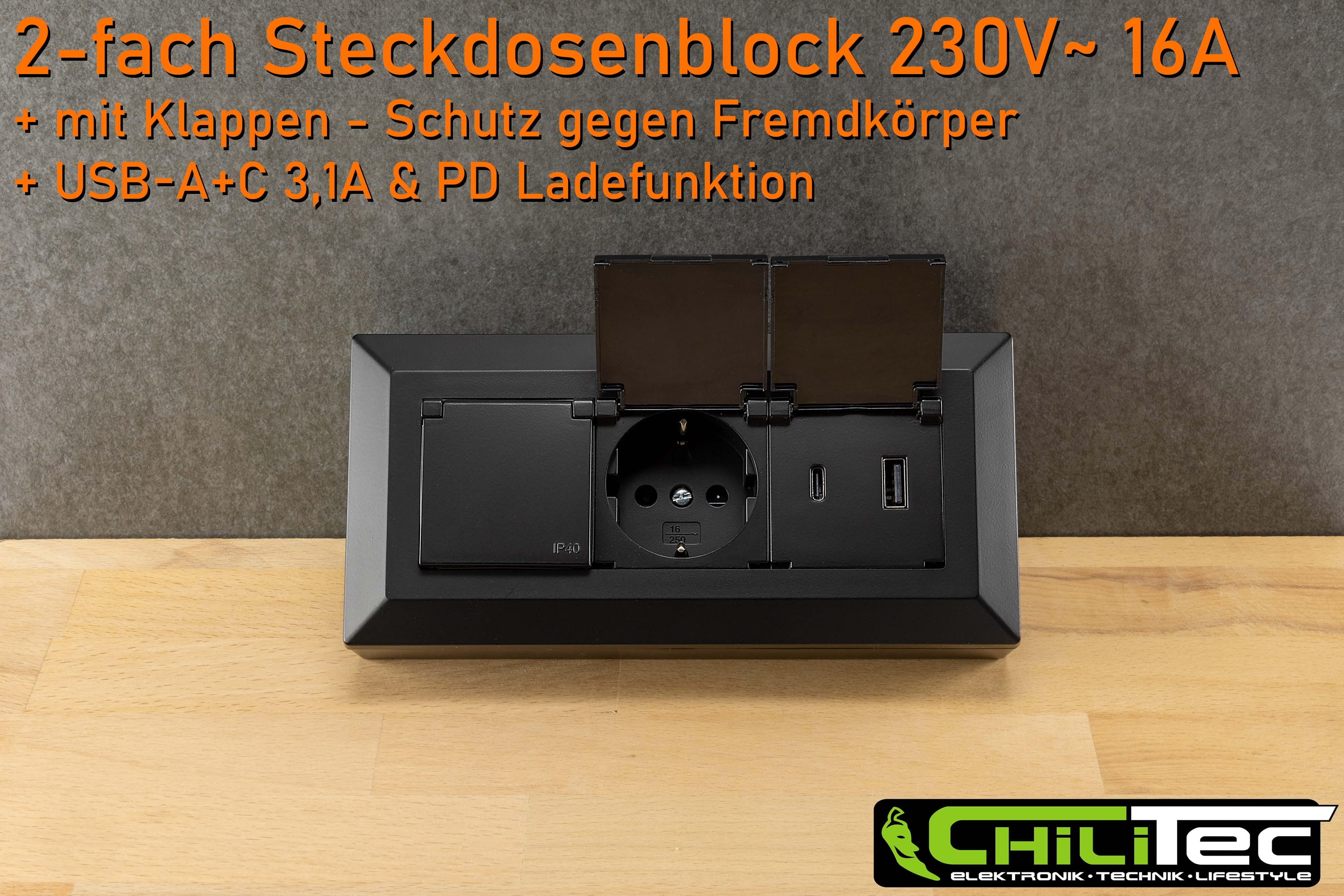 CHILITEC Steckdosenblock 23953, 2-fach, mit Schutzklappen, USB-A+C, schwarz