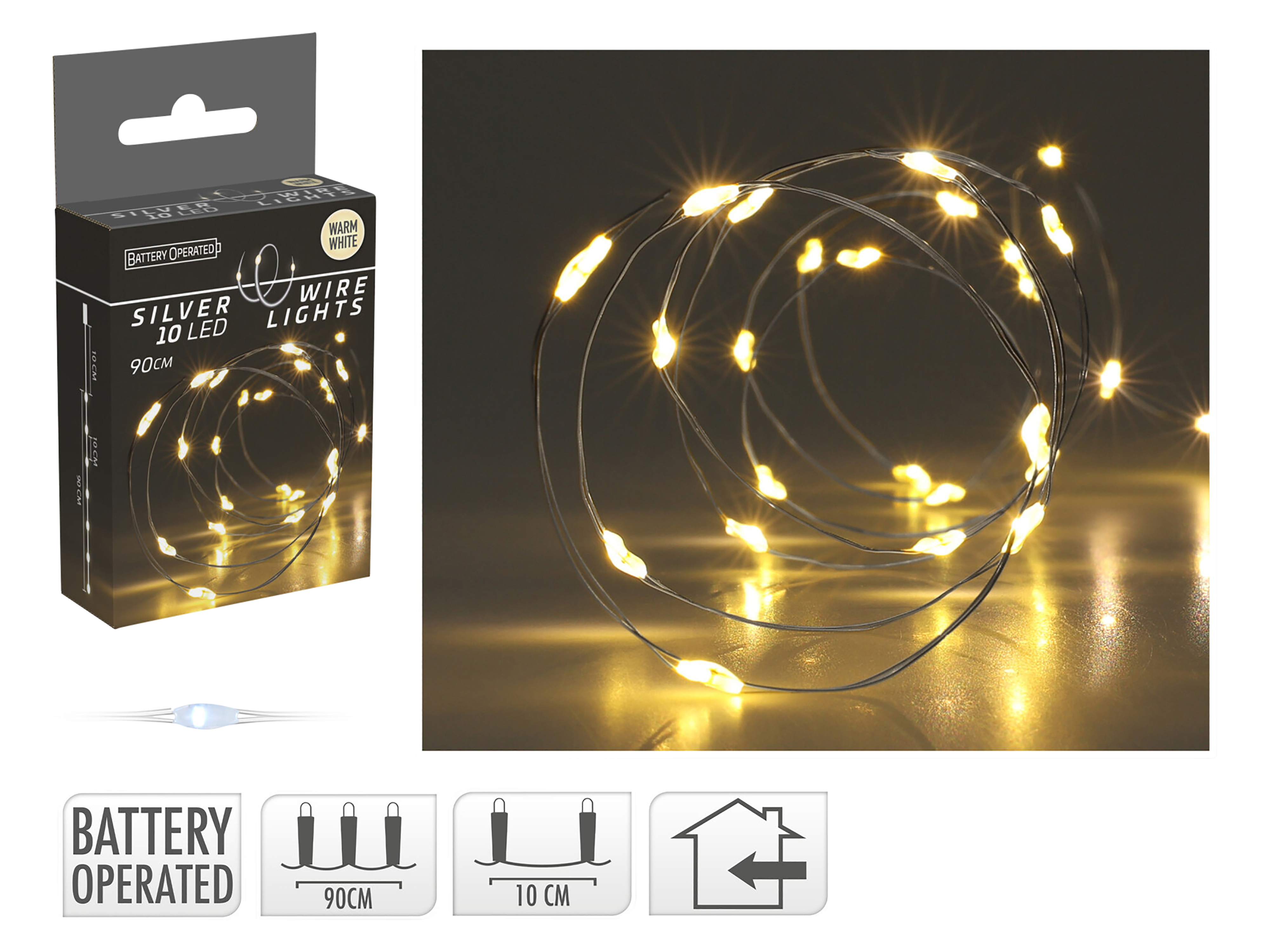LED-Lichterkette, Silberdraht, 10 LEDs, warmweiß, Batteriebetrieb