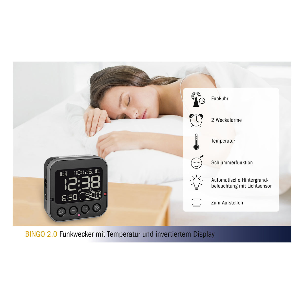 TFA Digitaler Funkwecker 60.2552.01, mit Temperatur BINGO 2.0