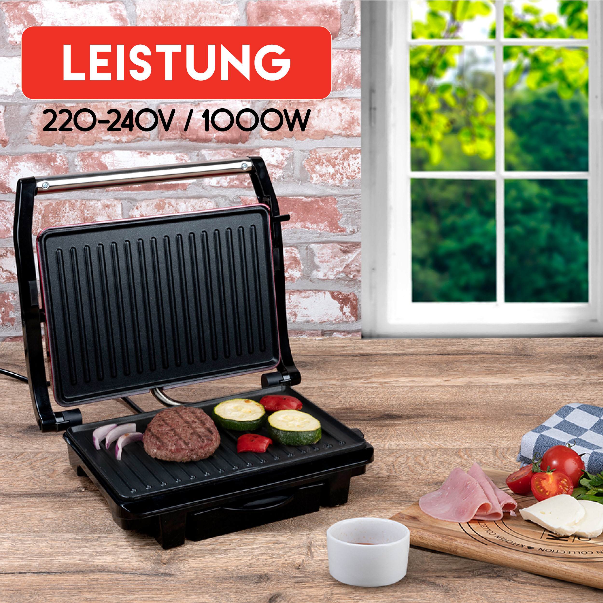 ALPINA Kontaktgrill, Multigrill, Panini, Sandwich, Fleisch, schwarz/rot, 1000W