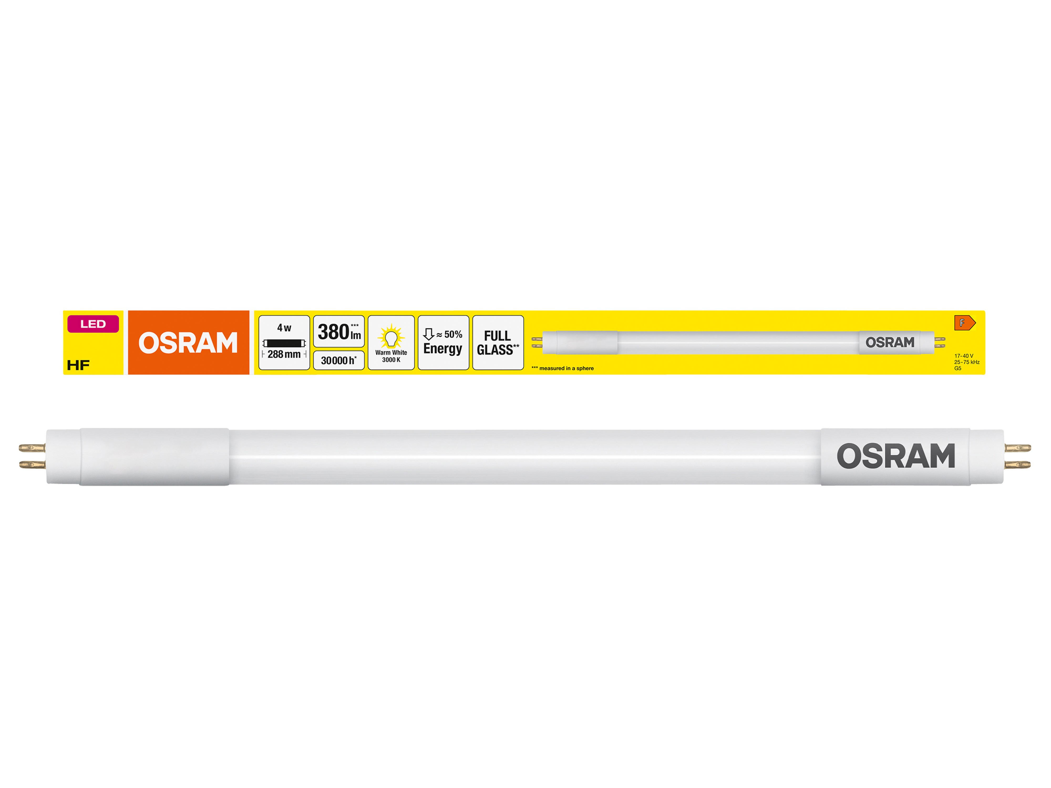 OSRAM LED-Röhre, T5, 288mm, G5, EEK: F, 4W, 380lm, 3000K