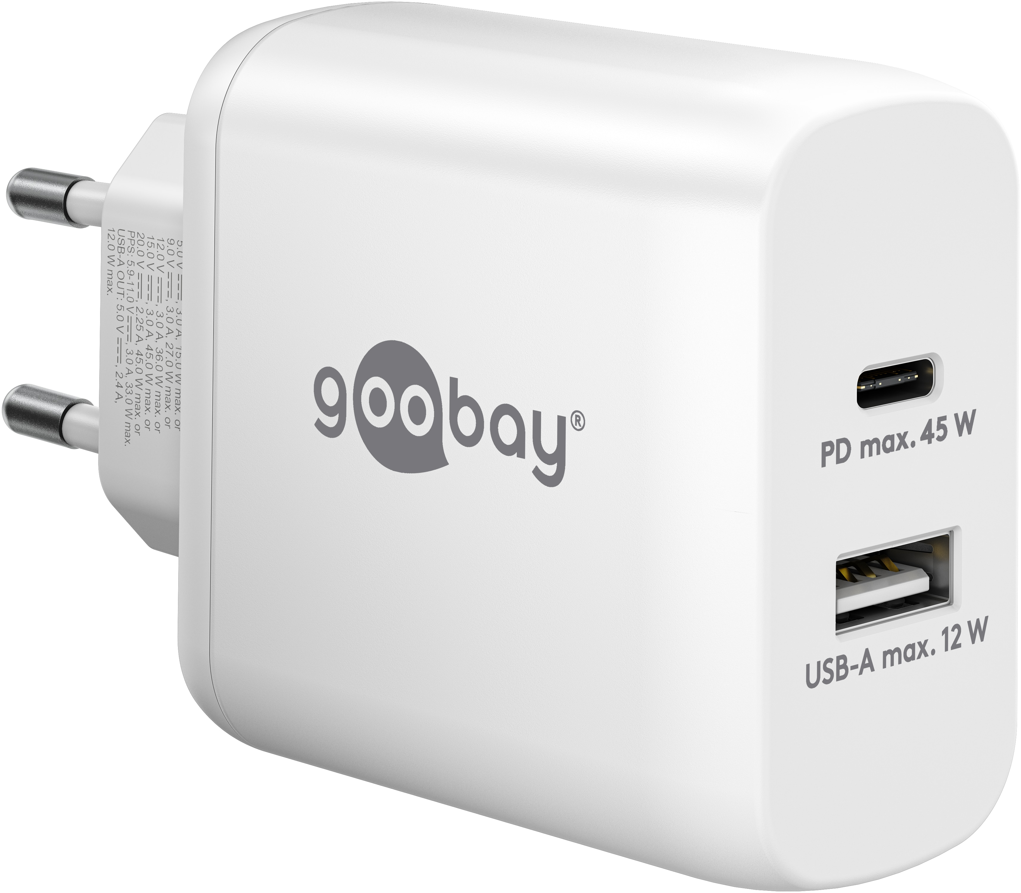 GOOBAY USB-Lader 65412, 45 W, 2-fach, 1xC PD, 1xA GaN, weiß GOOBAY USB-Lader 65412, 45 W, 2-fach, 1xC PD, 1xA GaN, weiß