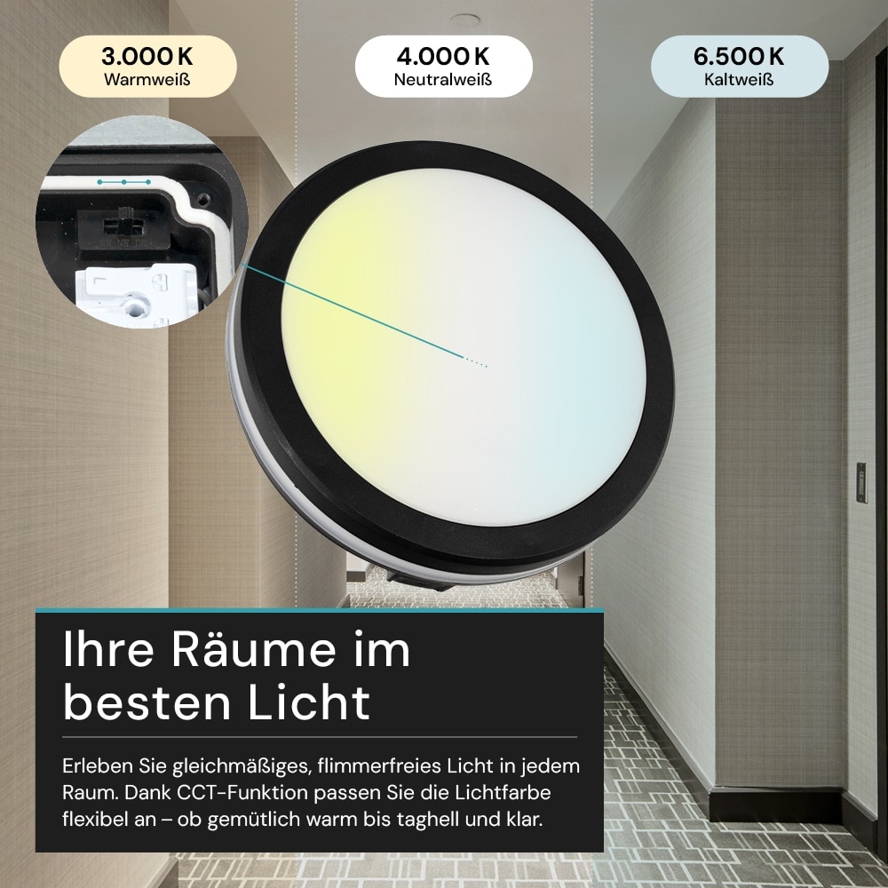 LUXULA LED-Deckenleuchte, 20W, EEK: F, 2000lm, CCT, IP65, schwarz/weiß