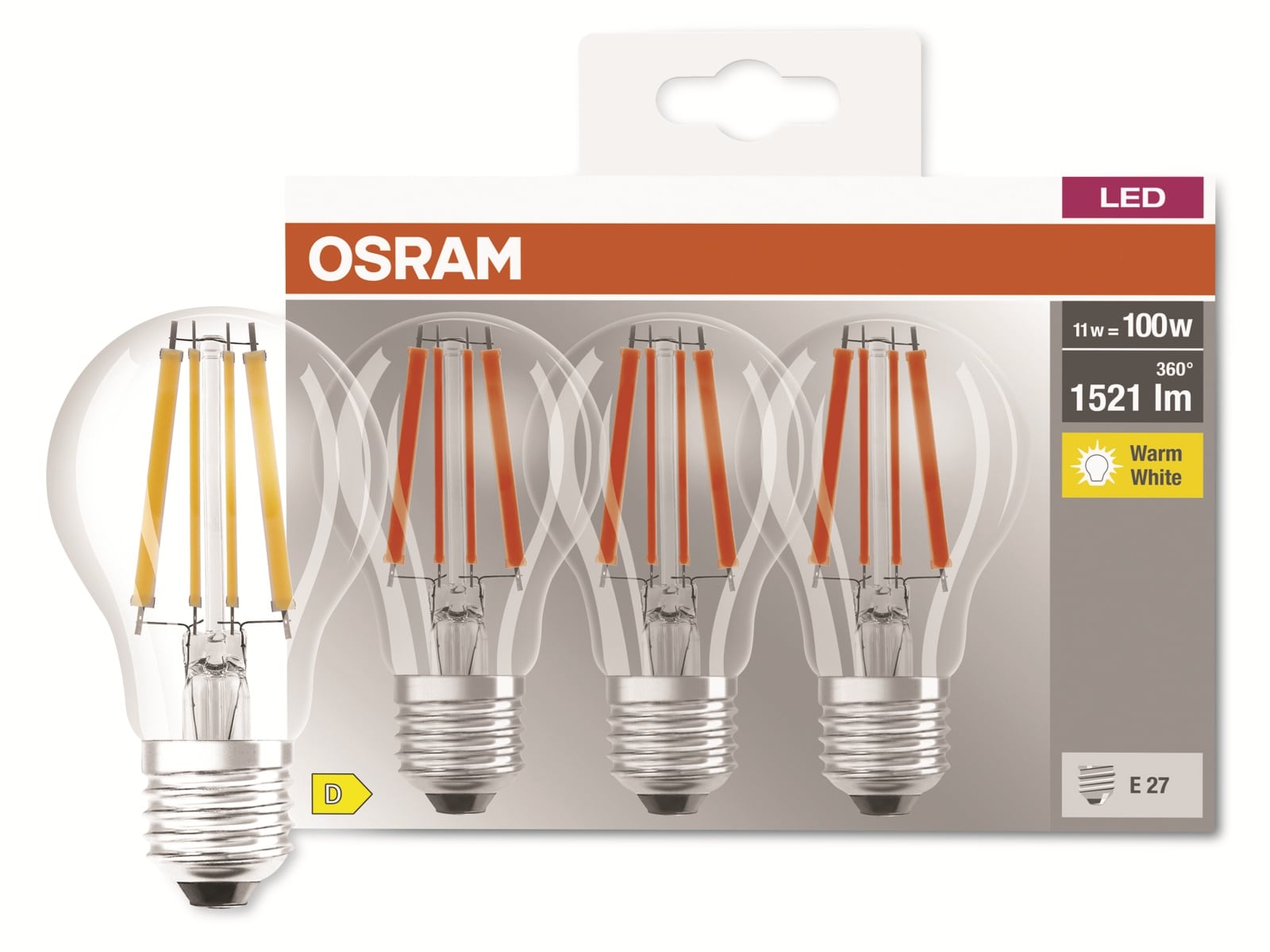 OSRAM LED-Filament-Lampe, CLA100, E27, EEK: D, 11W, 1521lm, 2700K, 3 Stk OSRAM LED-Filament-Lampe, CLA100, E27, EEK: D, 11W, 1521lm, 2700K, 3 Stk