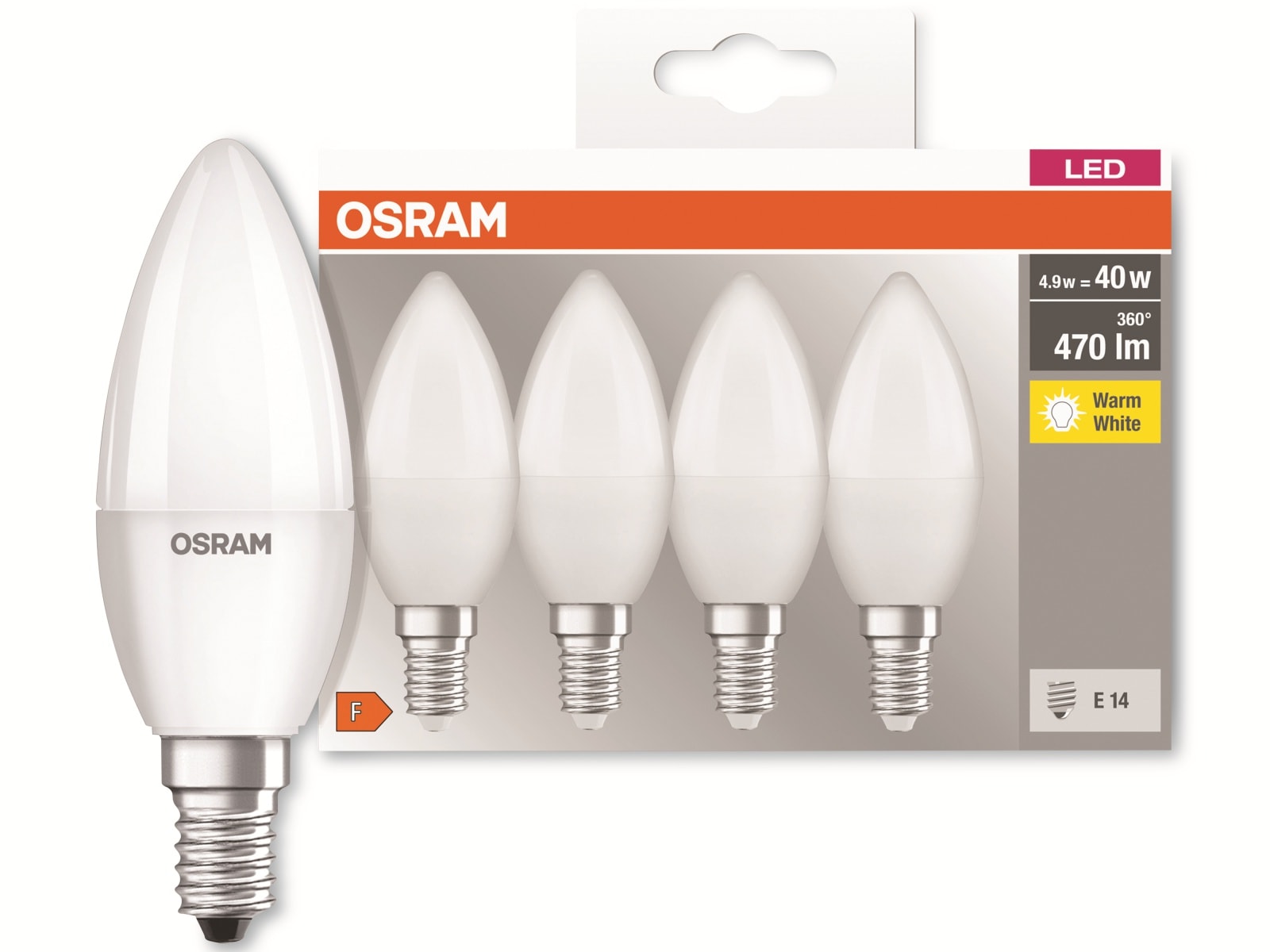 OSRAM LED-Lampe, CLB40, E14, EEK: F, 4,9W, 470lm, 2700K, 4 Stk