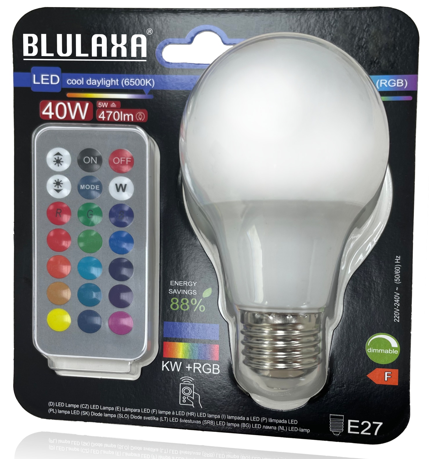 BLULAXA LED-SMD-Lampe, A60, E27, 5 W, 6500 K, EEK: F, 470 lm, kaltweiß, RGB, IP20, Fernbedienung