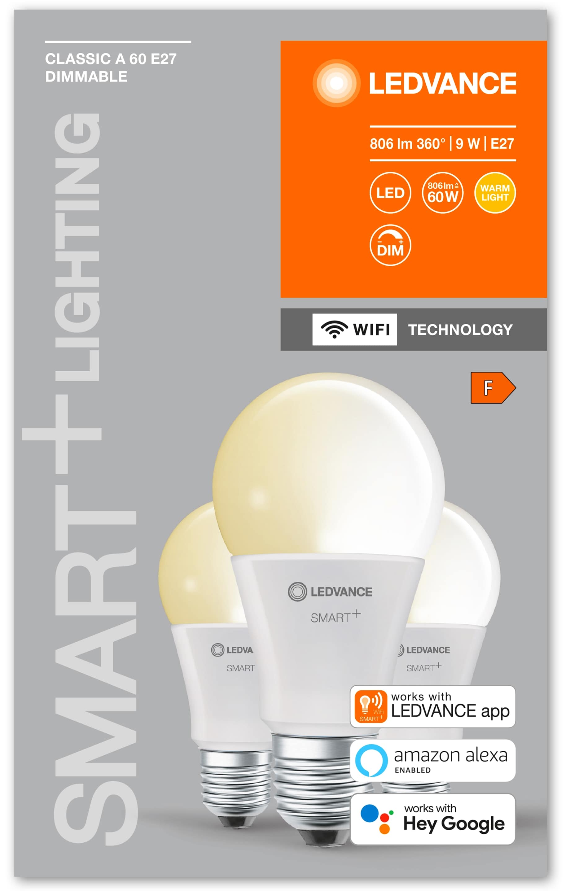 LEDVANCE LED-Lampe SMART+ WiFi Classic, A60, E27, EEK: F, 9 W, 806 lm, 2700 K, Smart, 3 Stück