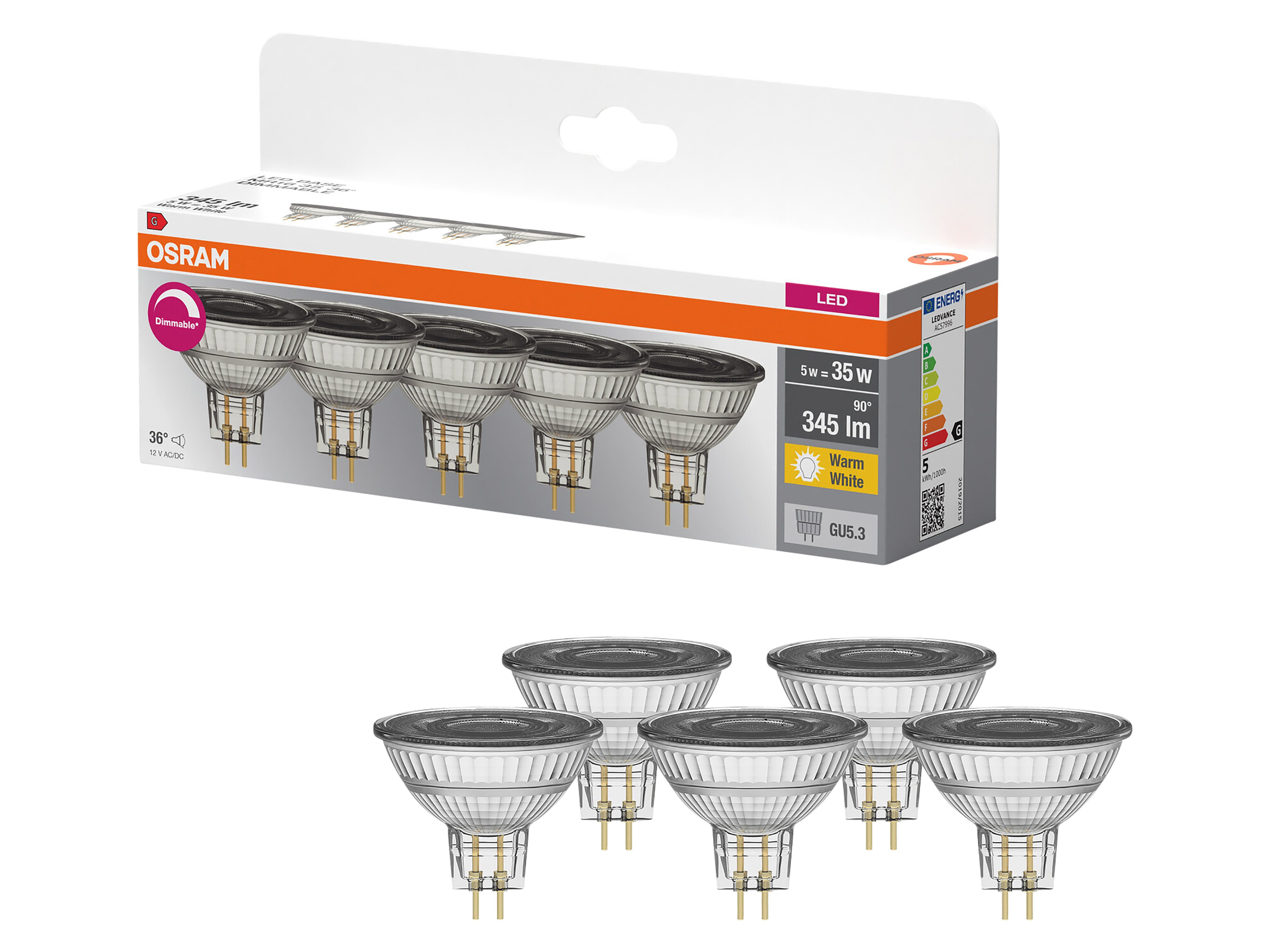 OSRAM LED-Reflektorlampen, GU5.3, 5W, 2700K, EEK: G, 345lm, warmweiß, IP20, 5 Stück