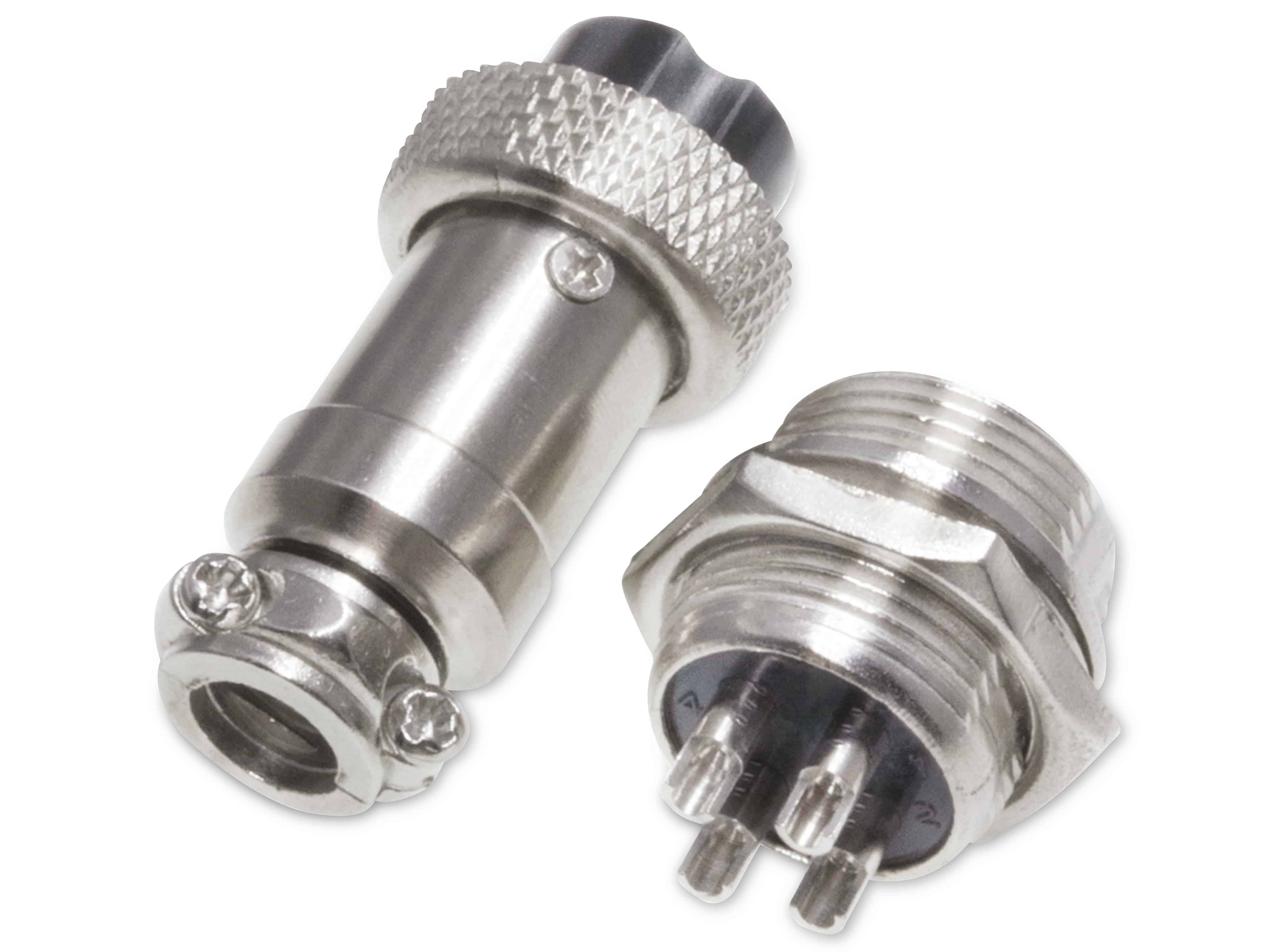Rundsteckverbinder, 4-polig, 60V, 7A, Lötanschluss, IP55, wire to panel, 1 Stecker + 1 Buchse Rundsteckverbinder, 4-polig, 60V, 7A, Lötanschluss, IP55, wire to panel, 1 Stecker + 1 Buchse