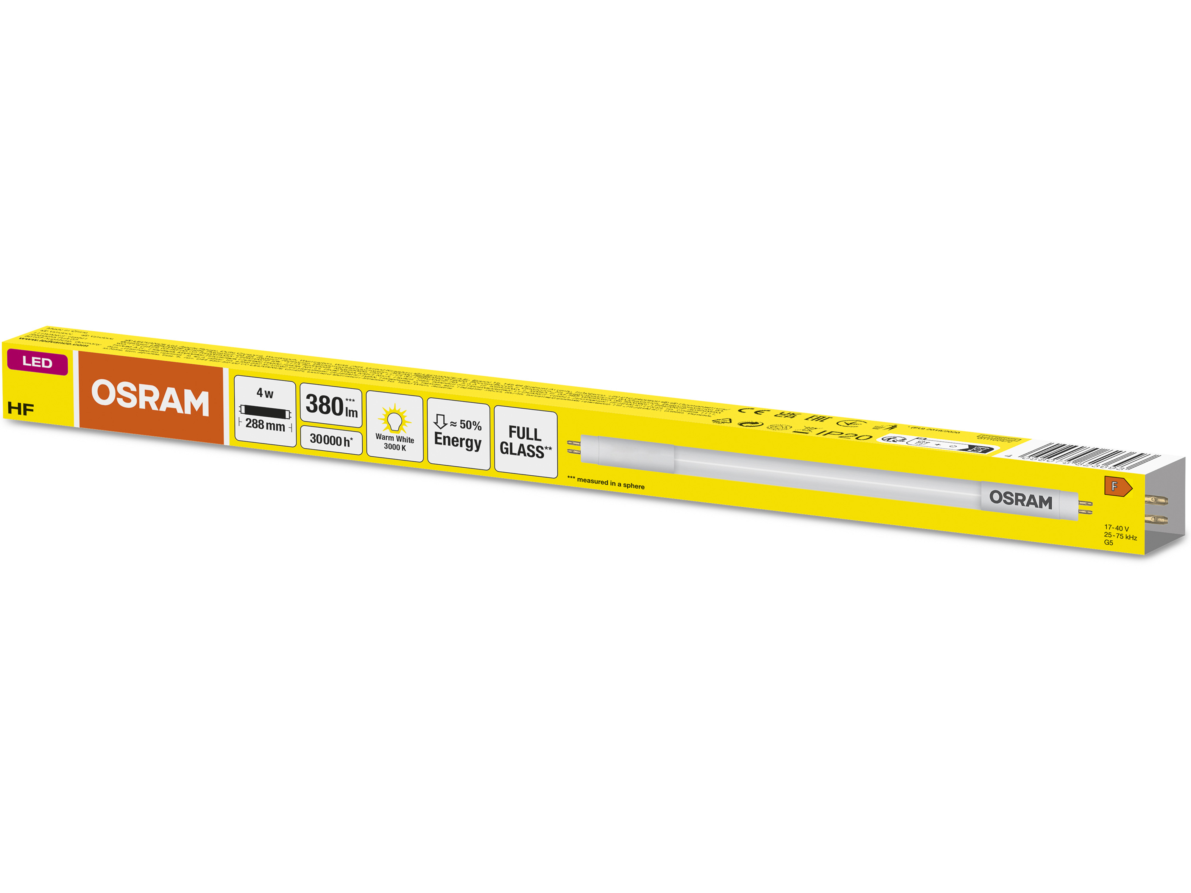 OSRAM LED-Röhre, T5, 288mm, G5, EEK: F, 4W, 380lm, 3000K