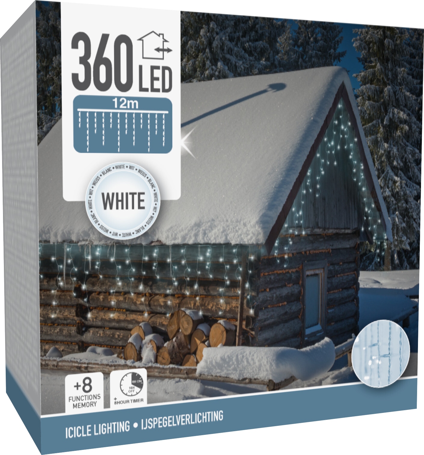 KOOPMAN LED-Eiszapfenbeleuchtung kaltweiß, 360 LEDs, transparentes Kabel, Innen/Außen, 15m