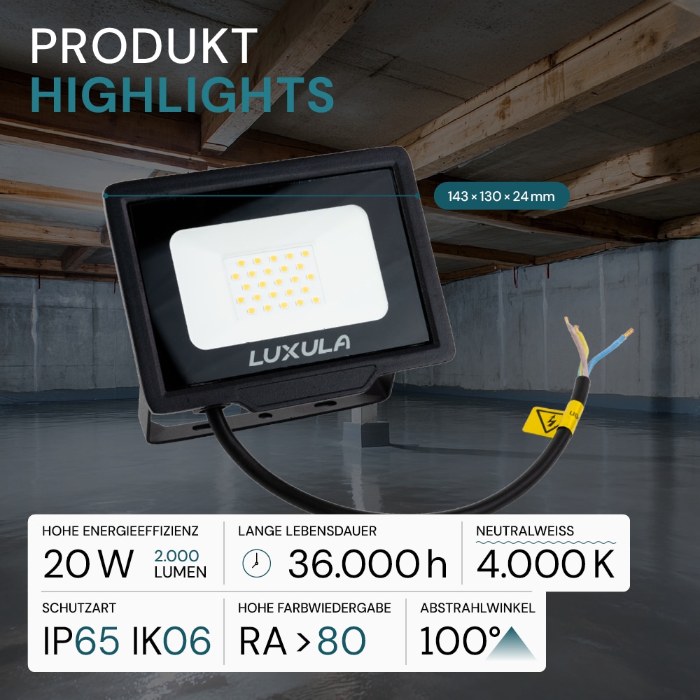 LUXULA LED-Fluter, EEK: F, 20W, 2000lm, 4000K, schwarz