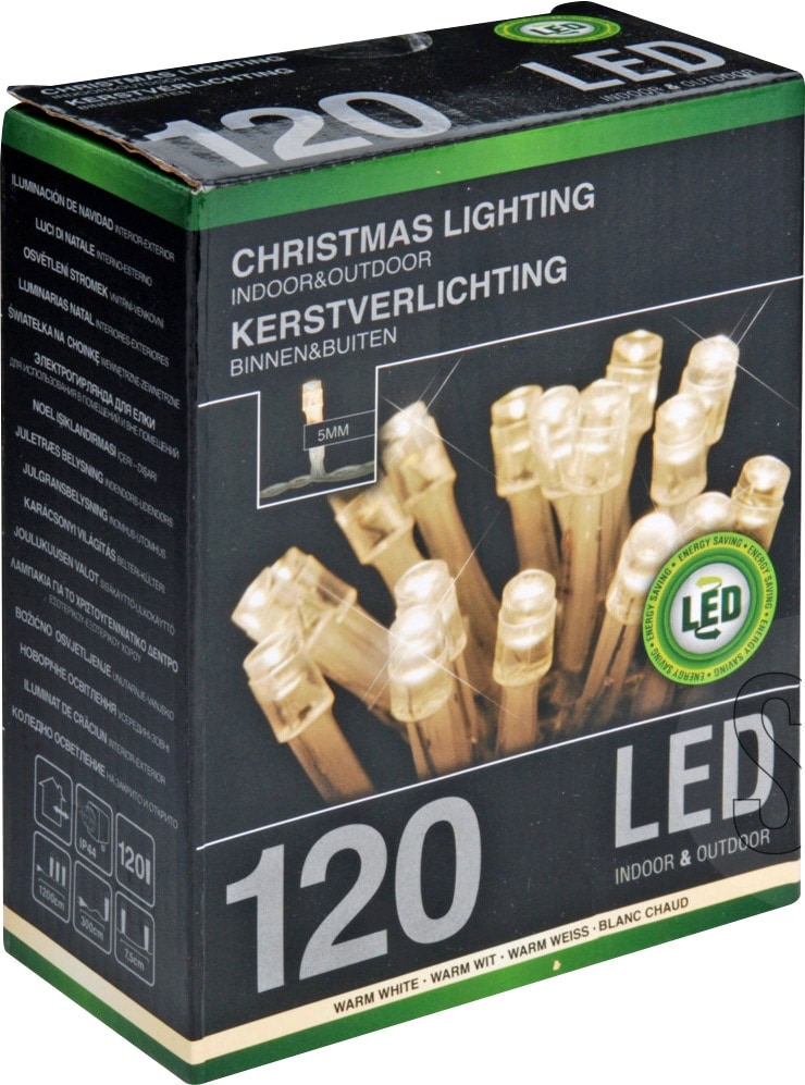 LED-Lichterkette, 120 LEDs, warmweiß, 230 V~, transparent, Innen/Außen, 12 m LED-Lichterkette, 120 LEDs, warmweiß, 230V~, IP44, Innen/Außen, silber/transparent