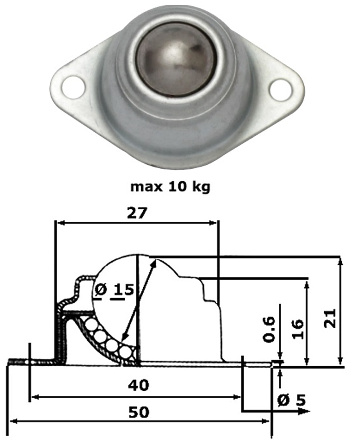 Kugelrolle, 48x32x20mm, 10 kg, Stahl Kugelrolle, 48x32x20mm, 10 kg, Stahl