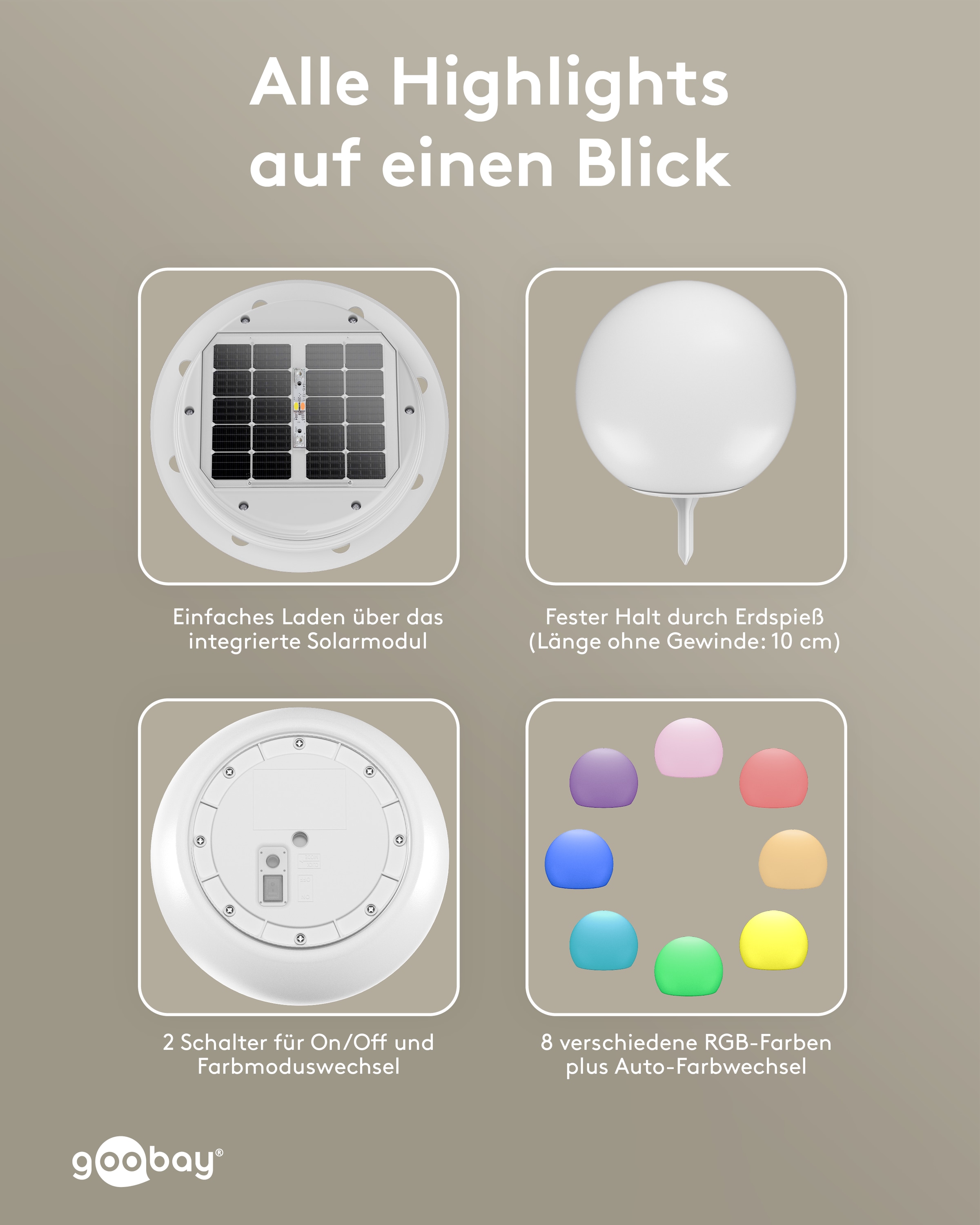 GOOBAY LED-Solar-Gartenleuchte, 35 cm, Kugel, Größe XL, RGBW