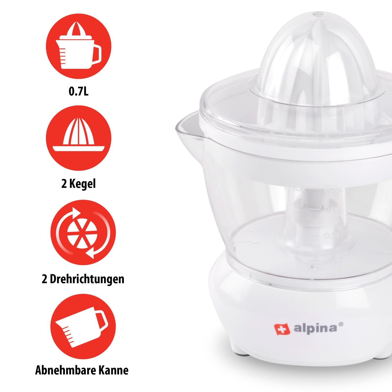 ALPINA Saftpresse, 0,7 Liter, Ziruspresse, 2 Presskegel, 25 W, weiß