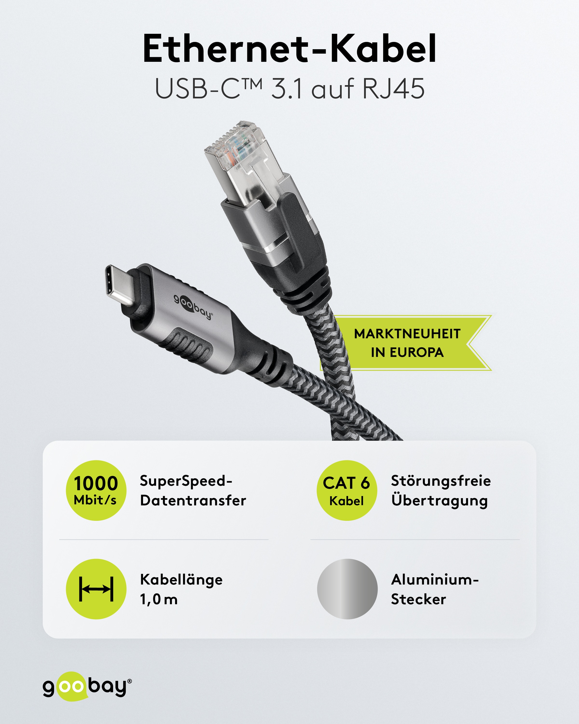 GOOBAY Ethernet-Kabel CAT6 USB-C 3.1 auf RJ45, 1m, schwarz/silber GOOBAY Ethernet-Kabel CAT6 USB-AC 3.1 auf RJ45 1m
