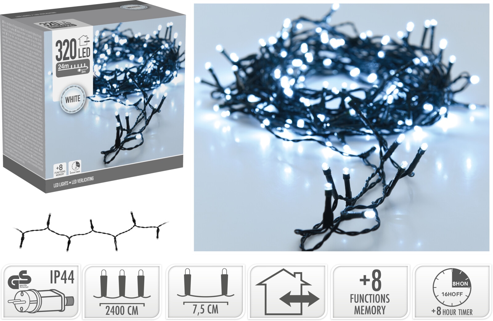 LED-Lichterkette, 320 LEDs, kaltweiß, 230 V~, grün, Innen/Außen, 27 m, Timer LED-Lichterkette 320 LEDs, Grünes Kabel, Innen/Außen, kaltweiß, 27 m