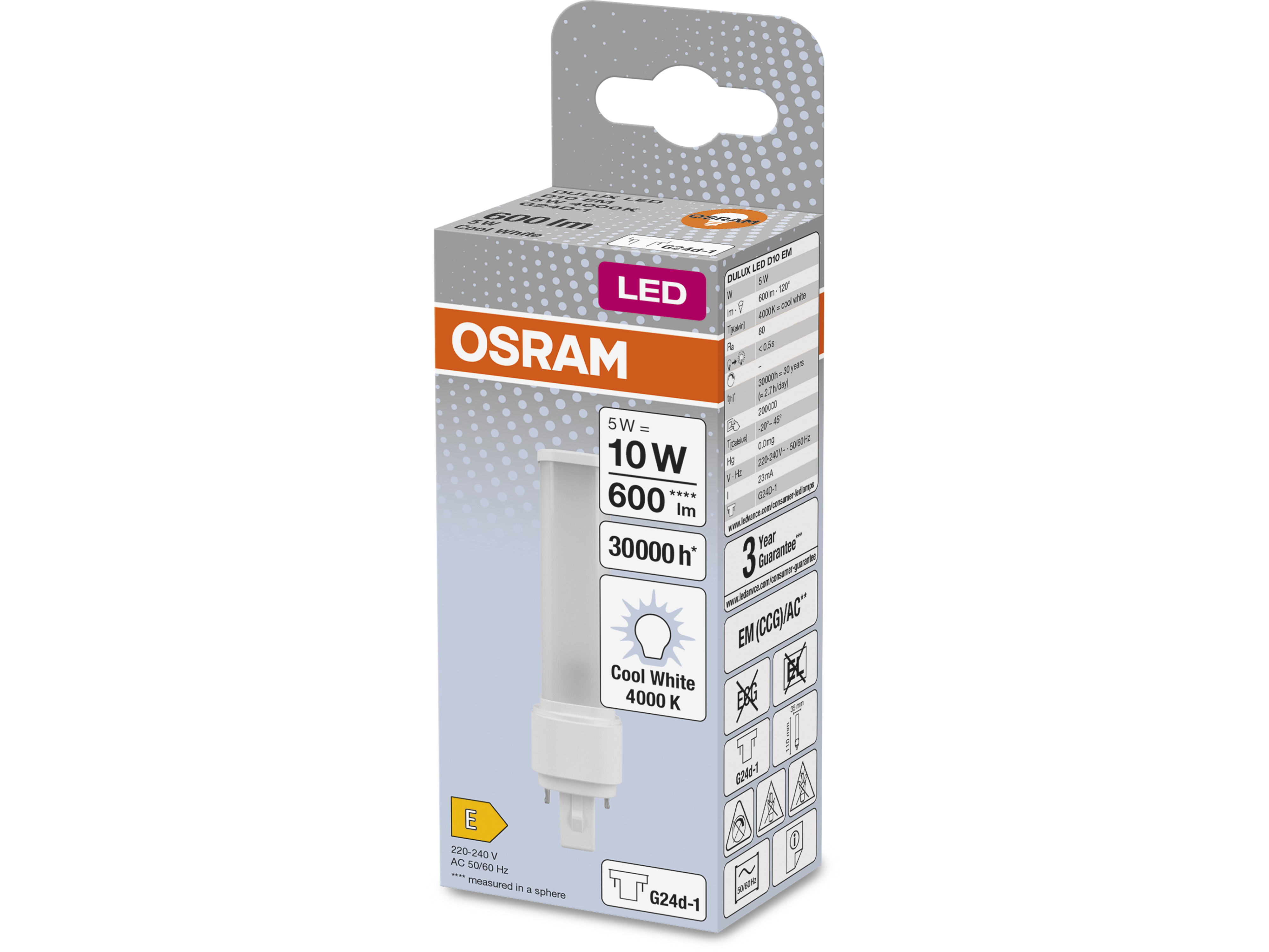 OSRAM LED-Lampe, Dulux D10, G24d-1, EEK: E, 5W, 600lm, 4000K