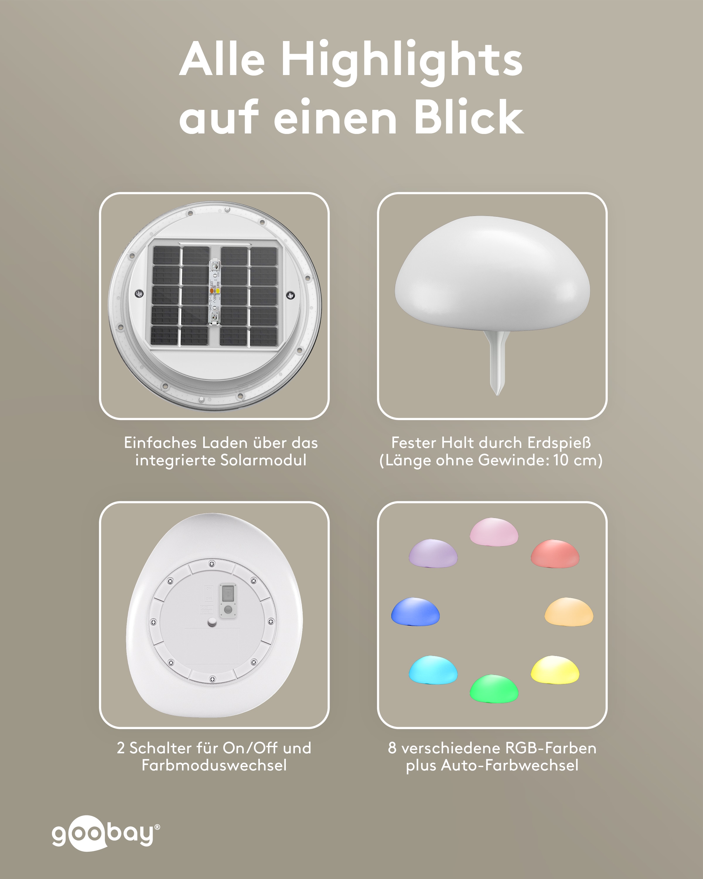 GOOBAY LED-Solar-Gartenleuchten, 24 cm, Stein, Größe M, RGBW, 2 Stück GOOBAY LED-Solar-Gartenleuchten, 24 cm, Stein, Größe M, RGBW, 2 Stück