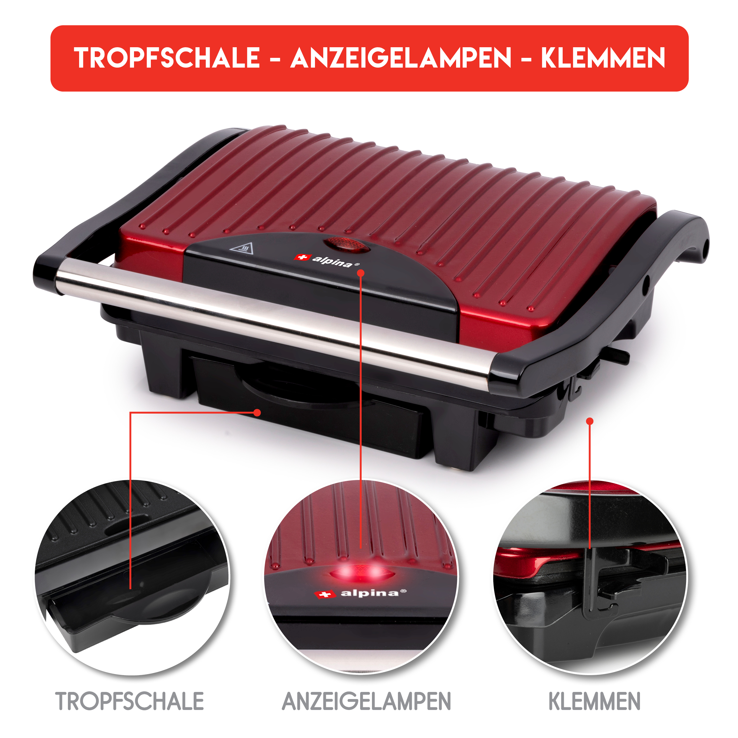 ALPINA Kontaktgrill, Multigrill, Panini, Sandwich, Fleisch, schwarz/rot, 1000W