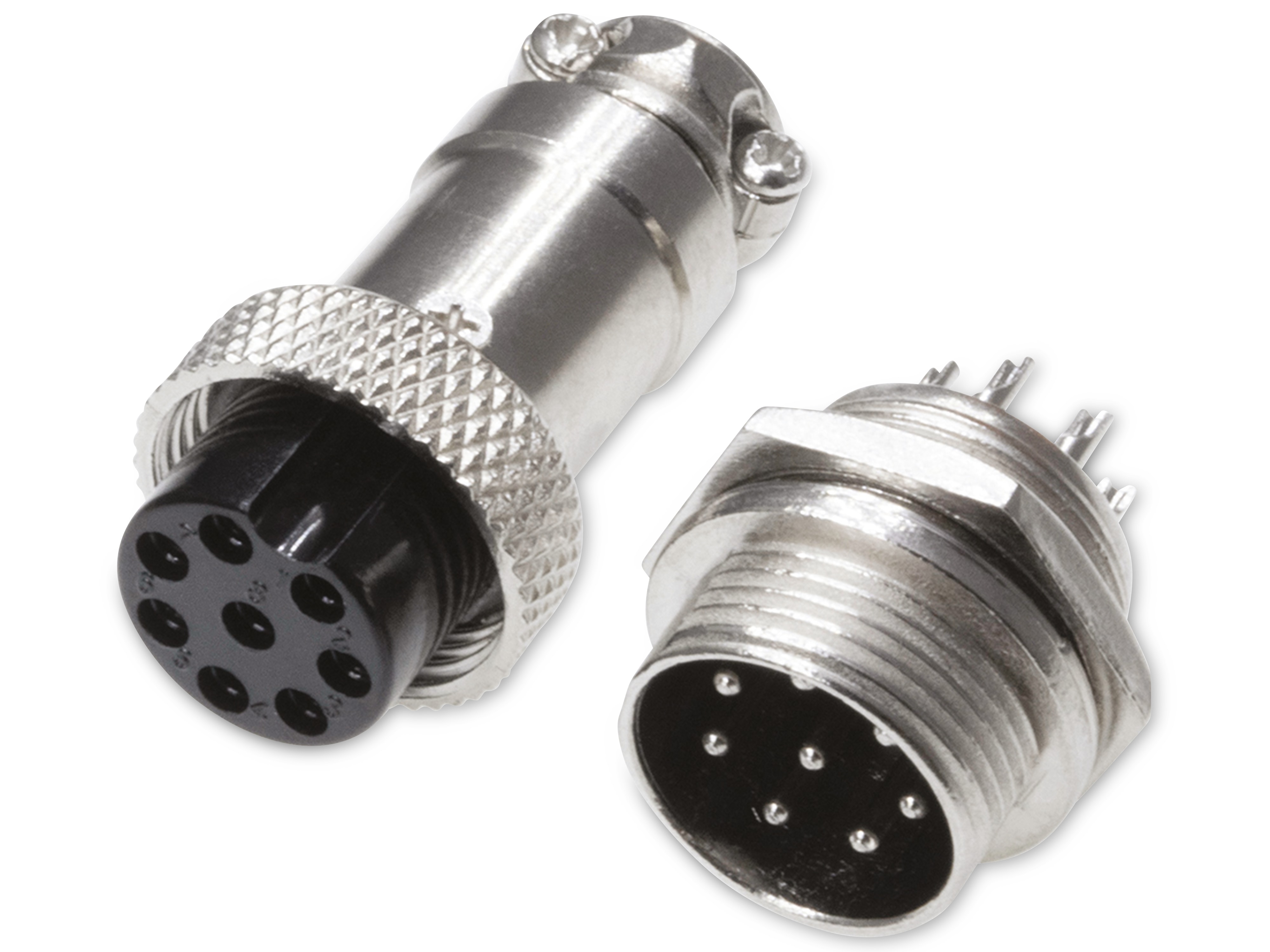 Rundsteckverbinder, 8-polig, 30V, 1A, Lötanschluss, IP55, wire to panel, 1 Stecker + 1 Buchse Rundsteckverbinder, 8-polig, 30V, 1A, Lötanschluss, IP55, wire to panel, 1 Stecker + 1 Buchse