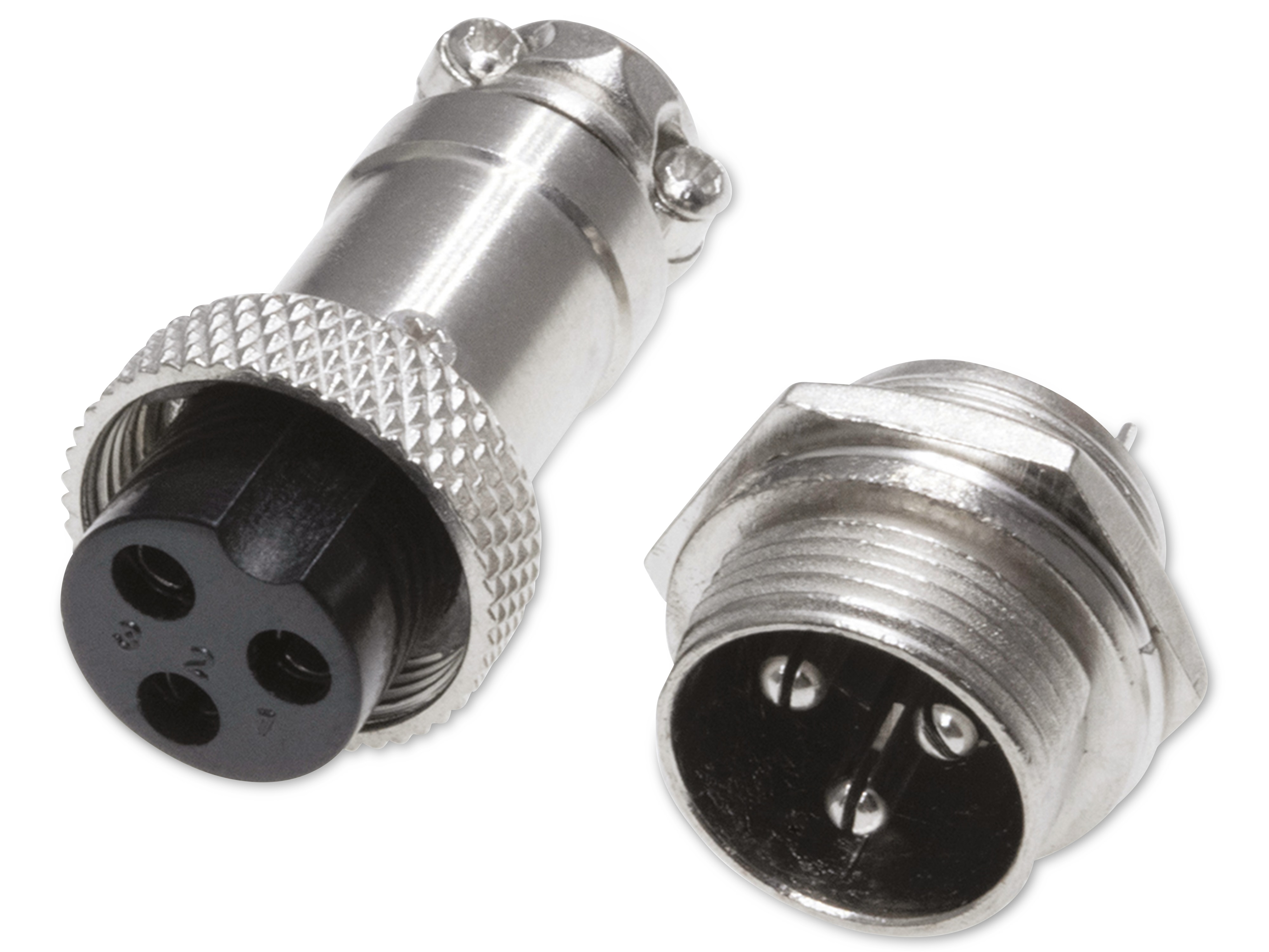 Rundsteckverbinder, 3-polig, 250V, 7A, Lötanschluss, IP55, wire to panel, 1 Stecker + 1 Buchse Rundsteckverbinder, 3-polig, 250V, 7A, Lötanschluss, IP55, wire to panel, 1 Stecker + 1 Buchse