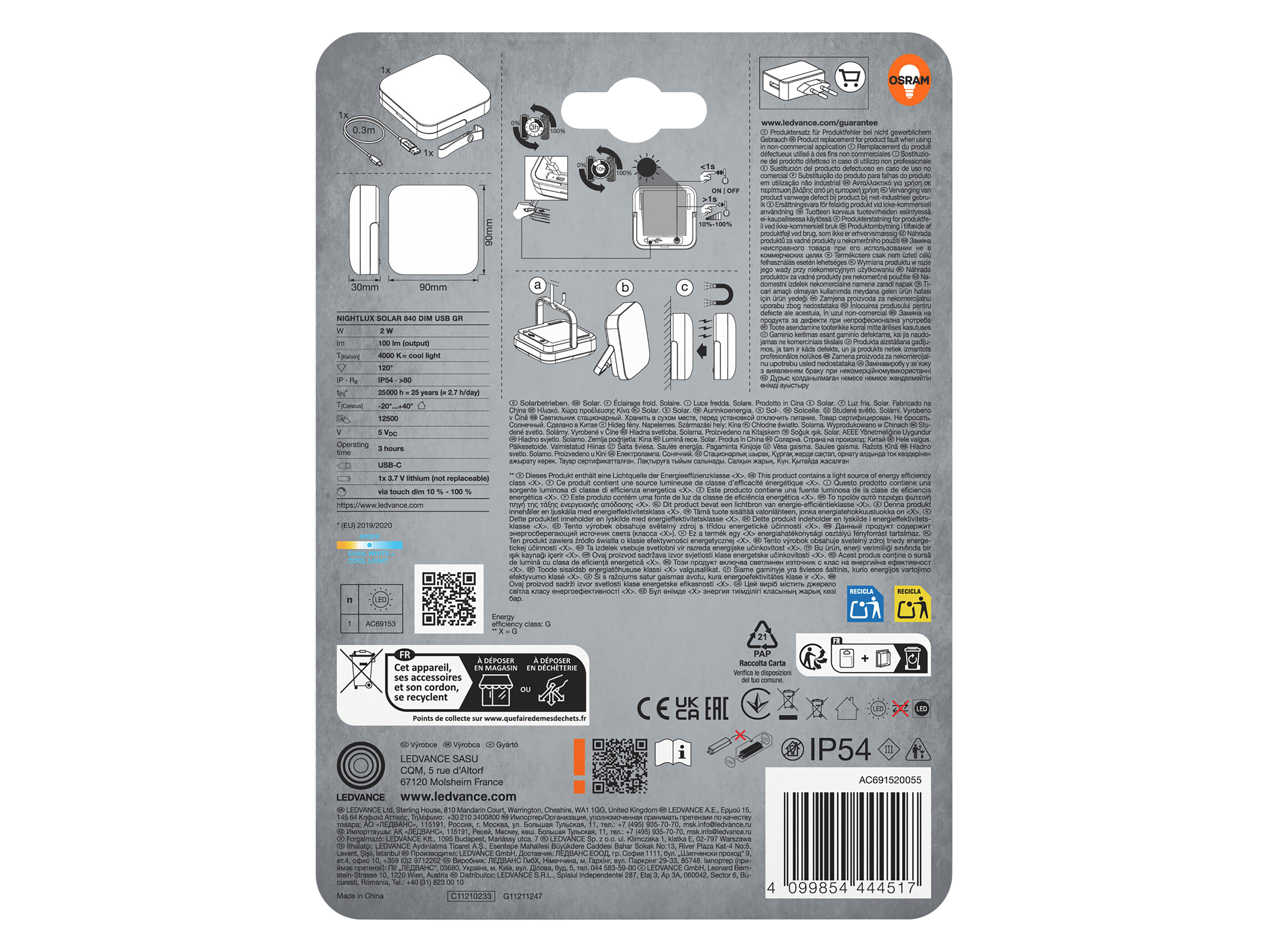 OSRAM Solar LED-Leuchte, 2W, 4000K, 100lm, neutralweiß, IP54, grau, mit integrierter Powerbank