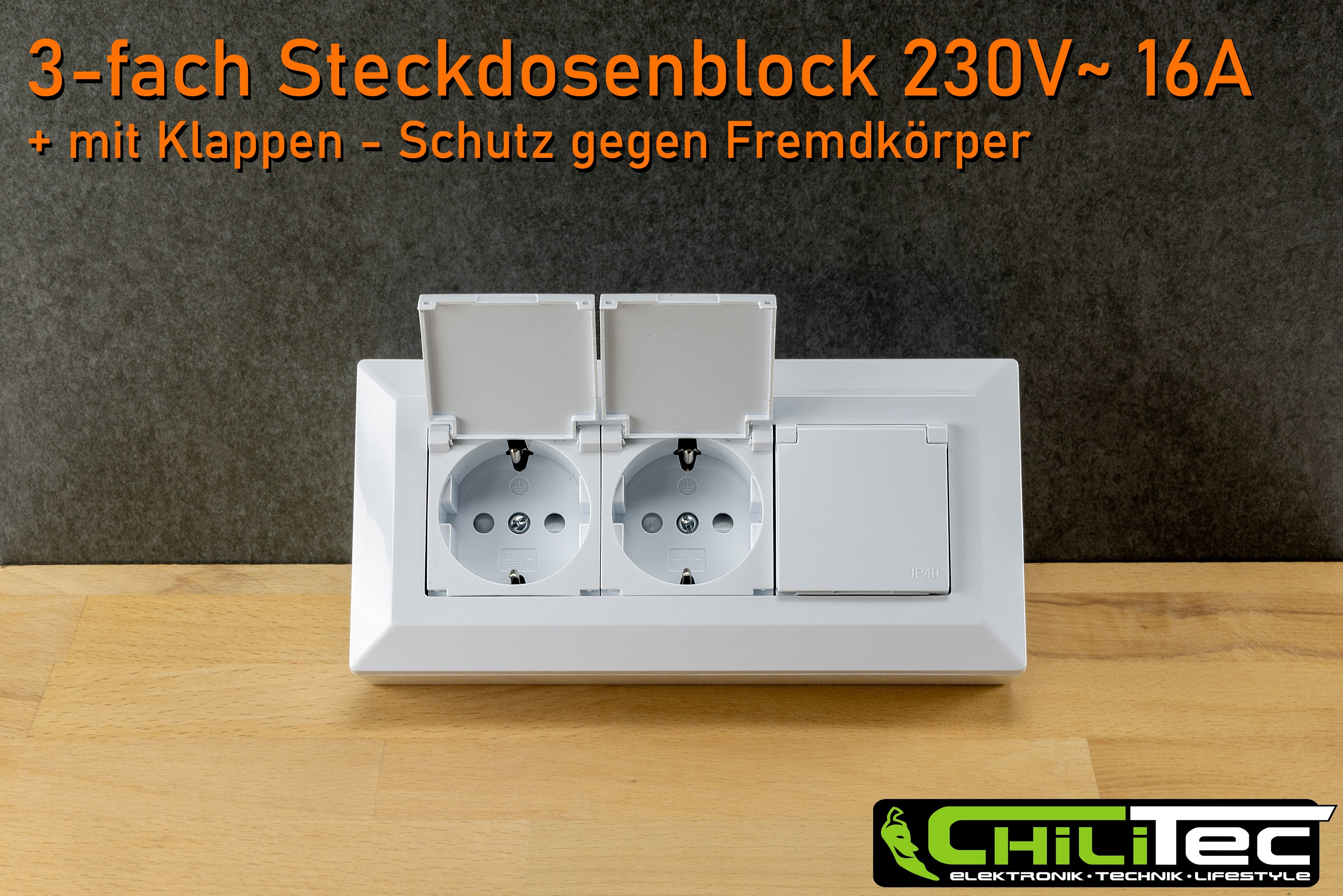 CHILITEC Steckdosenblock 23930, 3-fach, mit Schutzklappen, 250V/16A, weiß