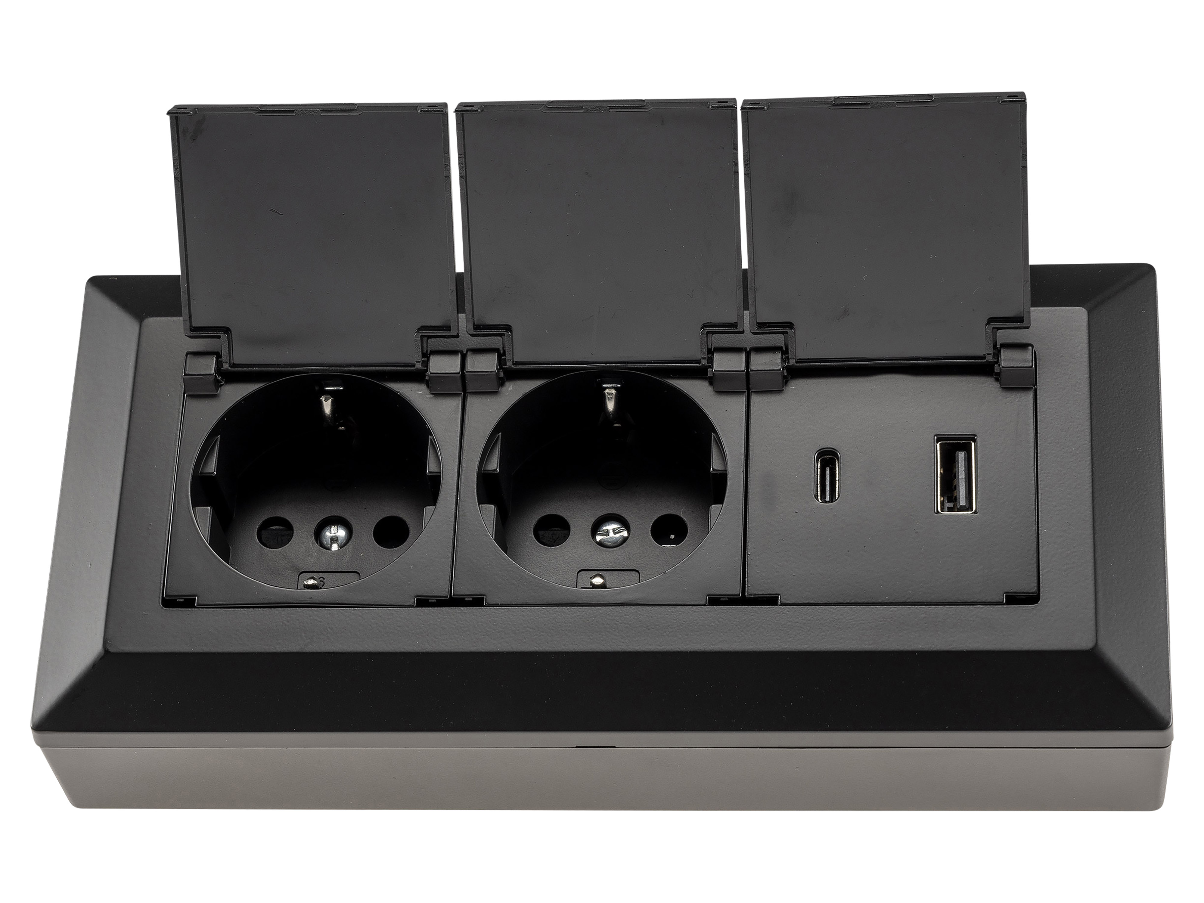 CHILITEC Steckdosenblock 23953, 2-fach, mit Schutzklappen, USB-A+C, schwarz