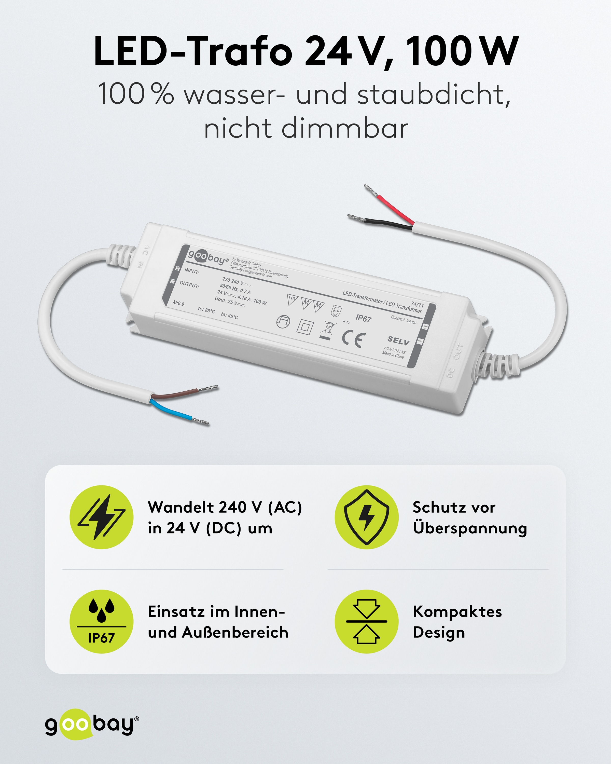 Wetterfester LED-Trafo GOOBAY 24V DC, 100W, 4.16 A, IP67