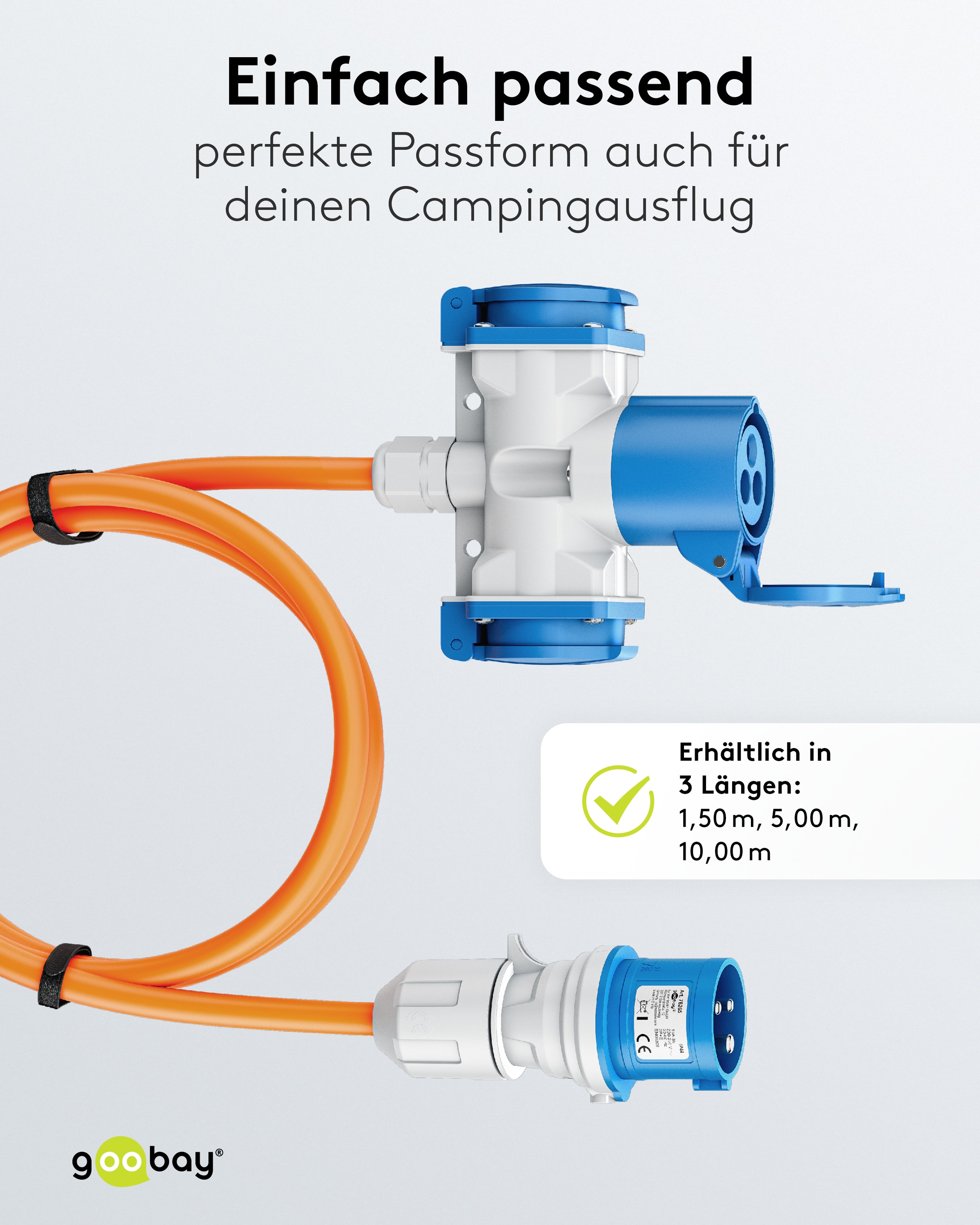 GOOBAY CEE-Adapterkabel 76266, 10 m, Stecker zu Kupplung + 2x Schutzkontaktkupplung
