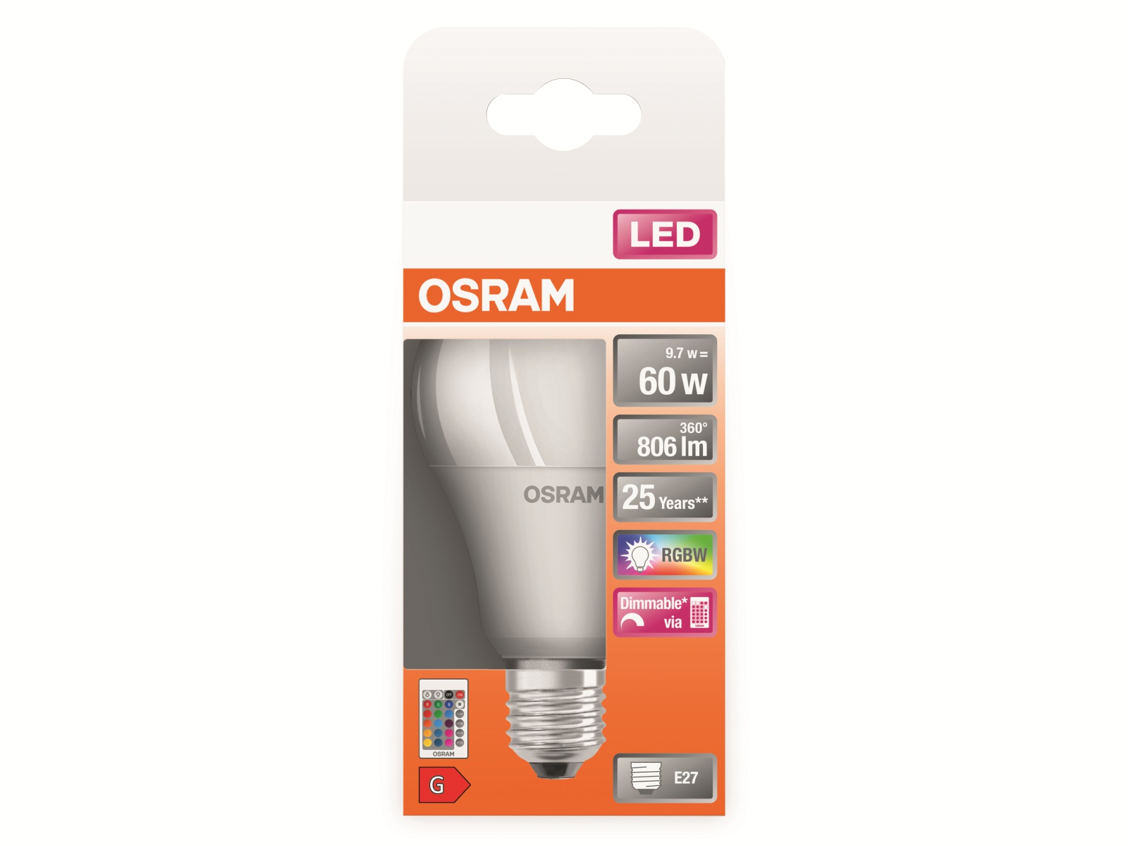 OSRAM LED-Lampe P60 mit Fernbedienung, E27, EEK: G, 9,7 W, 806 lm, 2700 K OSRAM LED-Lampe P60 mit Fernbedienung, E27, EEK: G, 9,7 W, 806 lm, 2700 K
