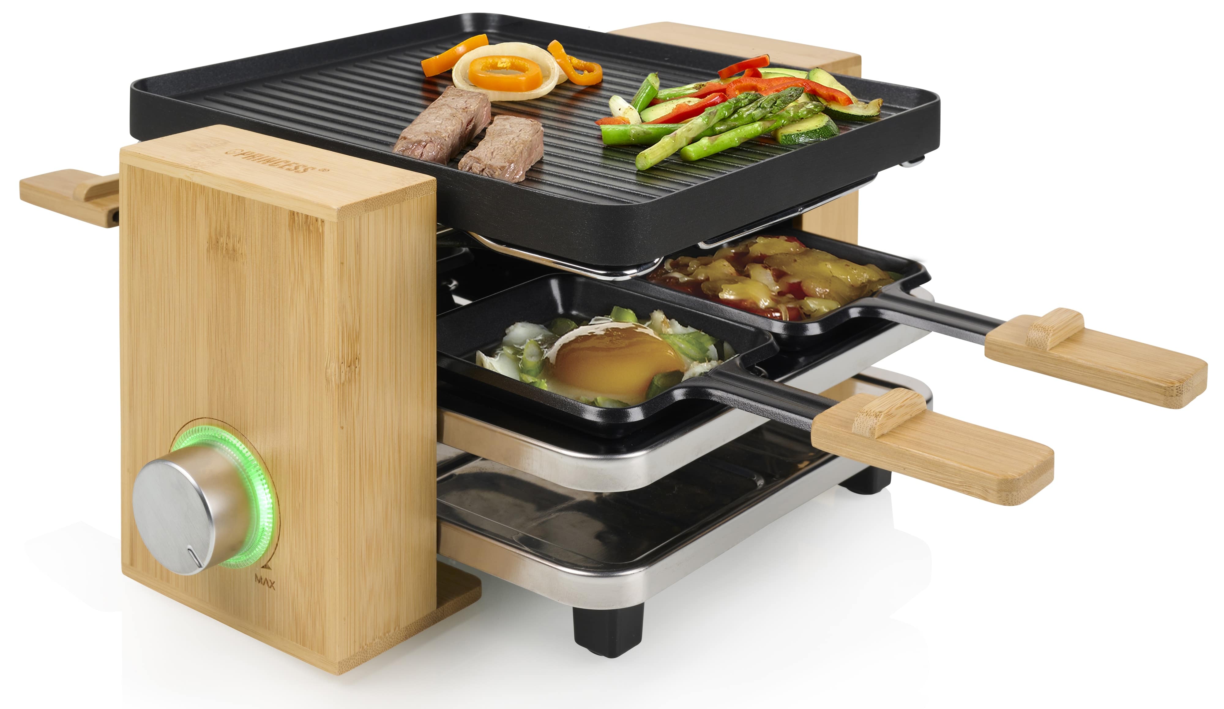 PRINCESS Raclette Pure 4, 800 W, Bambusgehäuse, 4 Pfännchen