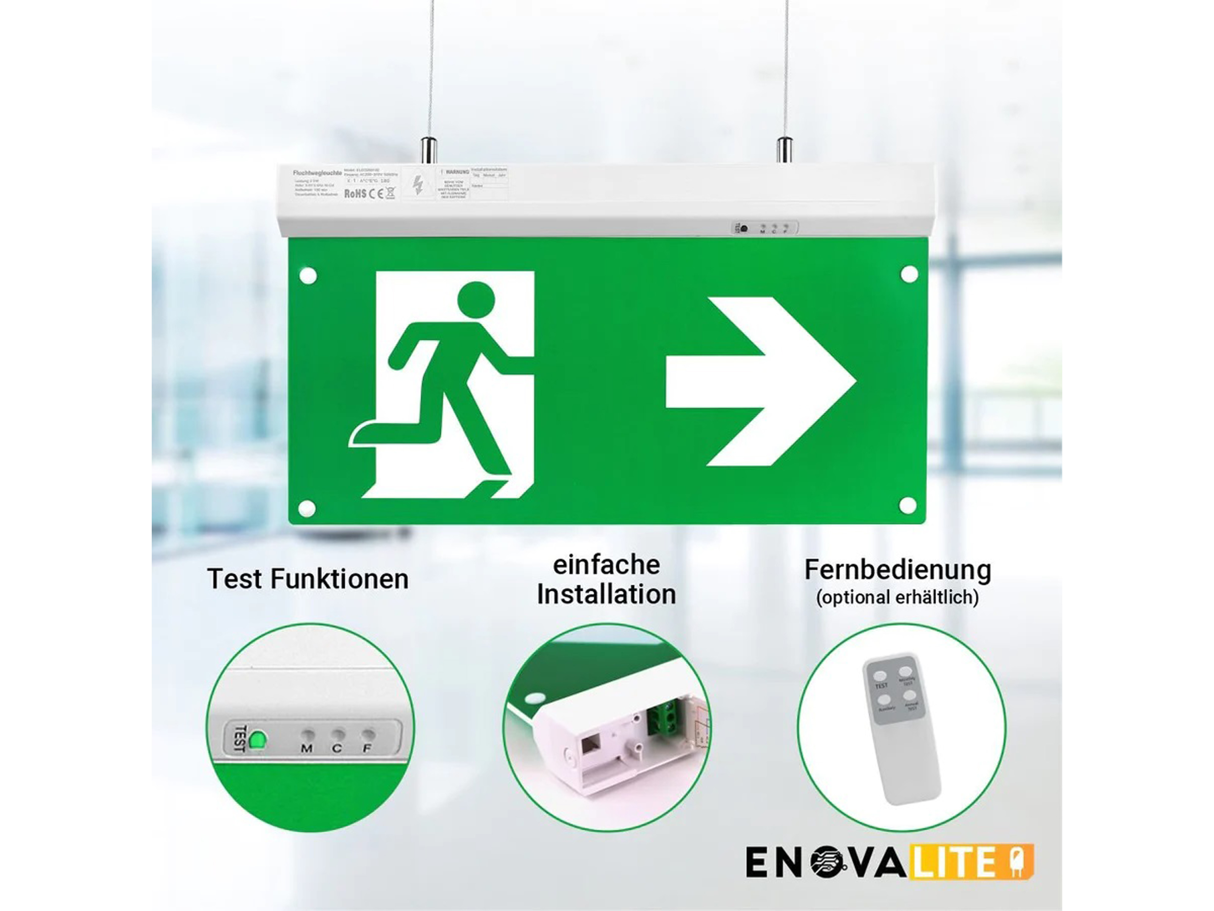 ENOVALITE LED-Fluchtwegleuchte, 200102, inkl. Notstromeinheit, TEST-Funktion