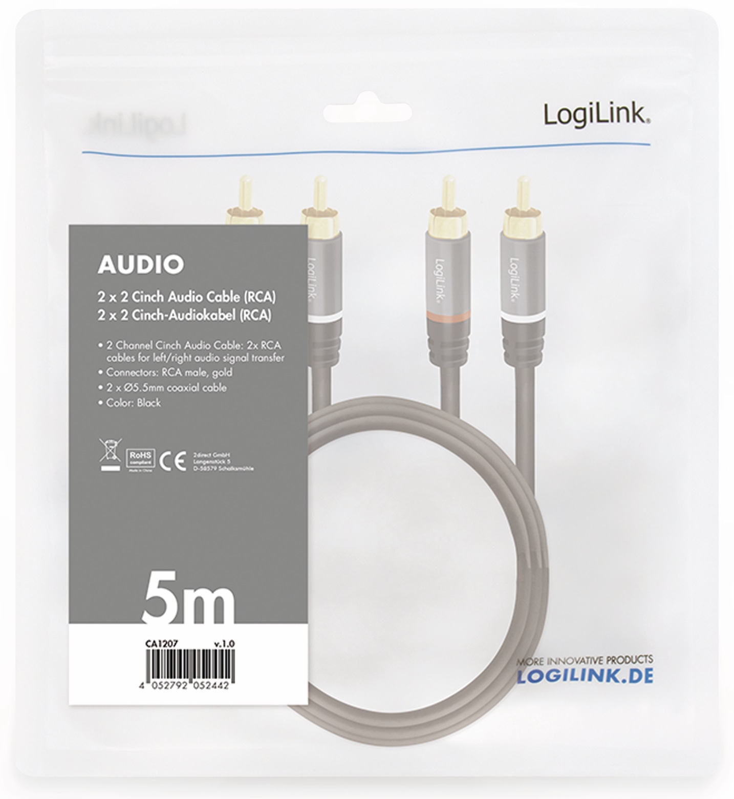 LOGILINK Cinchkabel CA1207, 5 m, 2x2 Cinchstecker, schwarz