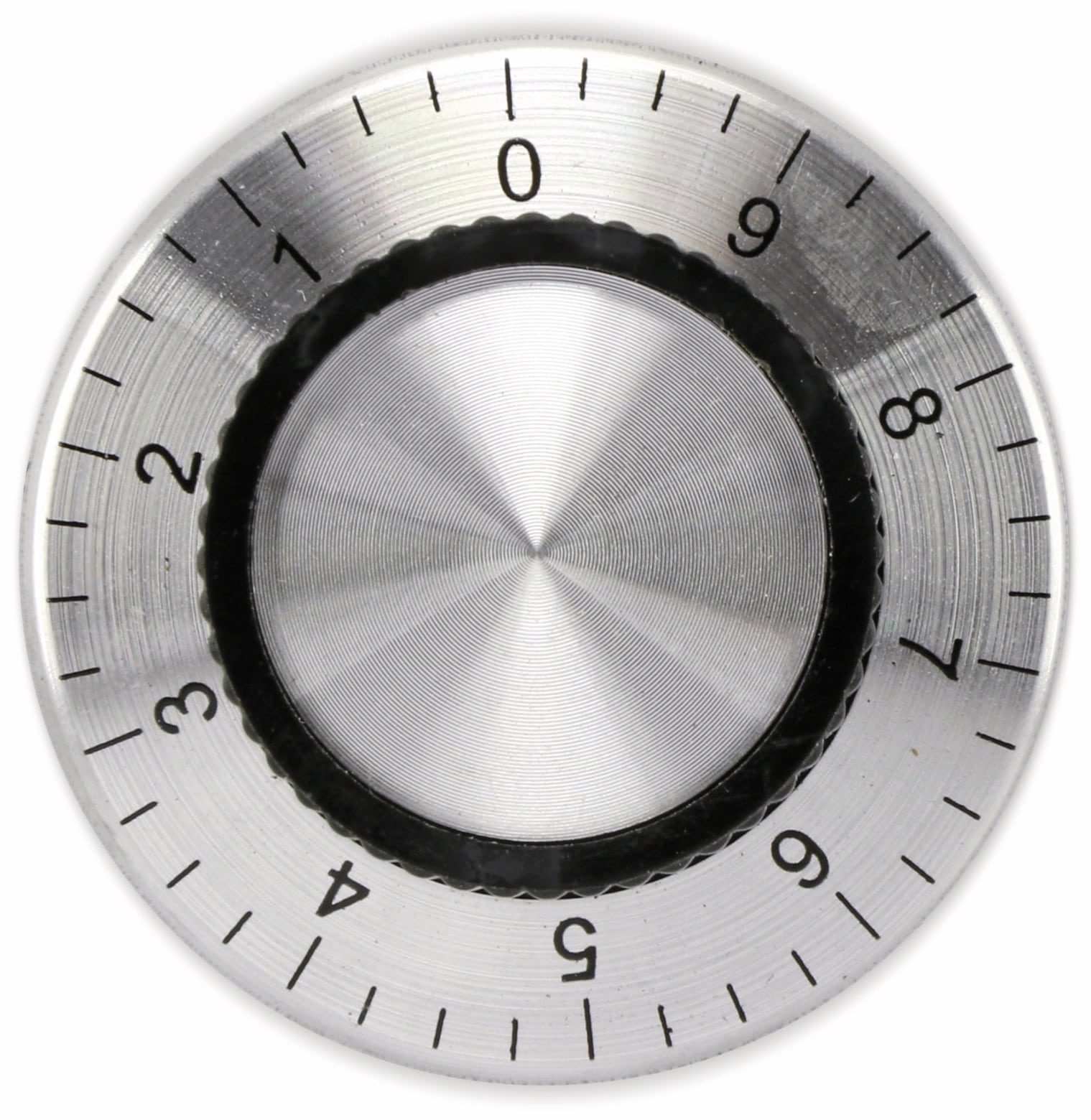 Aluminium-Drehknopf mit Skala 0...9, 38x15 mm, silber/schwarz Aluminium-Drehknopf mit Skala 0...9, 38x15 mm, silber/schwarz
