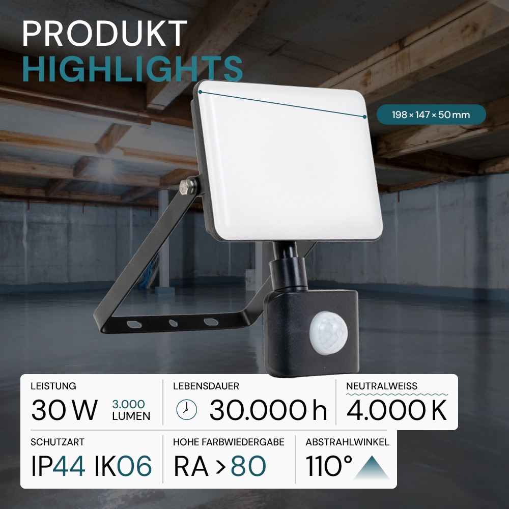 LUXULA LED-Fluter mit Bewegungsmelder, EEK: F, 30W, 3000lm, 4000K, schwarz